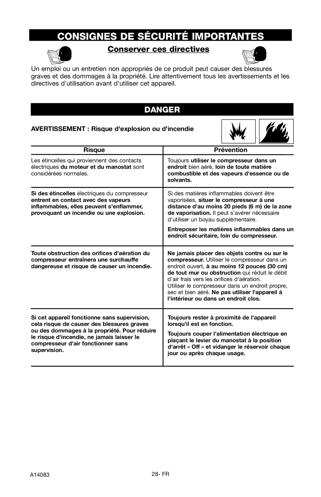 Craftsman 919.724123 owner manual Conserver ces directives, Avertissement Risque dexplosion ou dincendie Prévention 