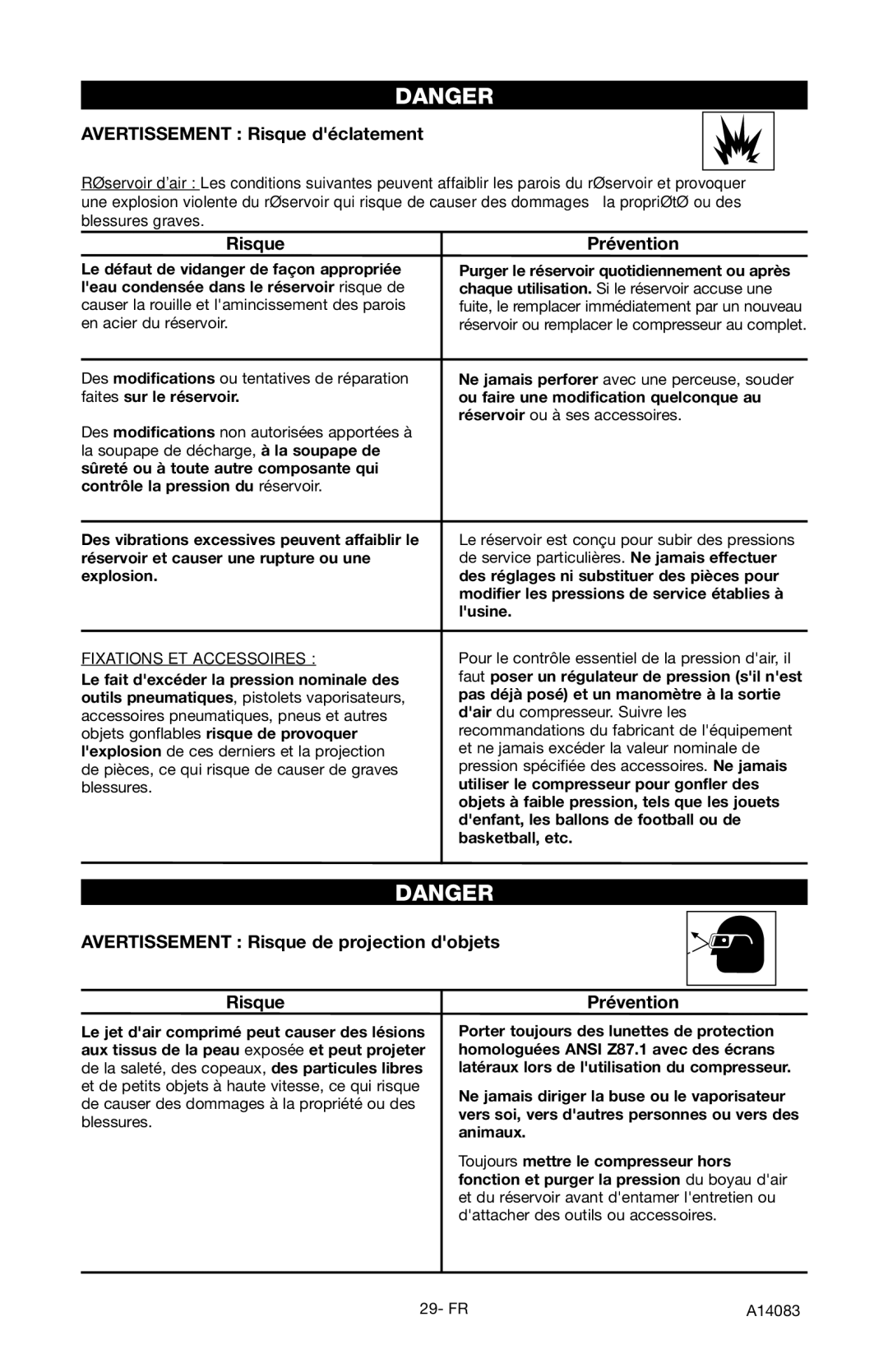 Craftsman 919.724123 Avertissement Risque déclatement, Risque Prévention, Avertissement Risque de projection dobjets 