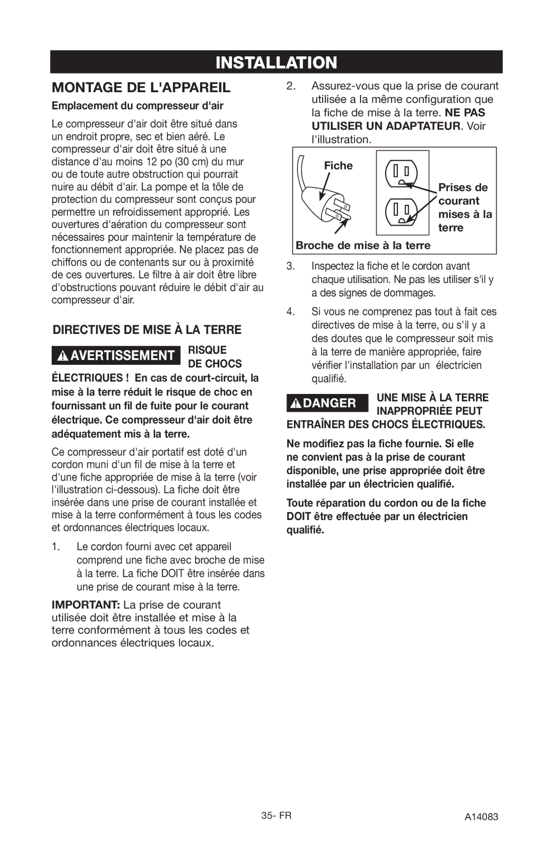 Craftsman 919.724123 owner manual Directives DE Mise À LA Terre, Emplacement du compresseur dair 