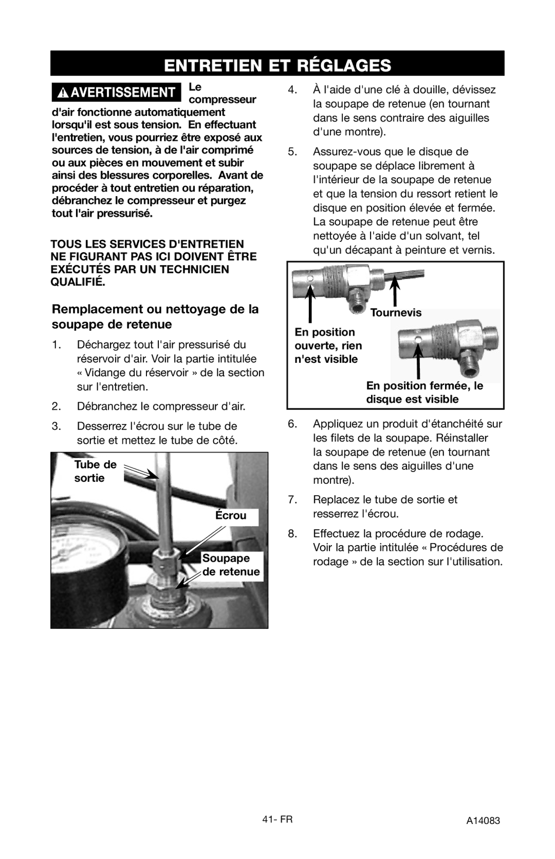 Craftsman 919.724123 Entretien ET Réglages, Remplacement ou nettoyage de la soupape de retenue, Tube de sortie Écrou 