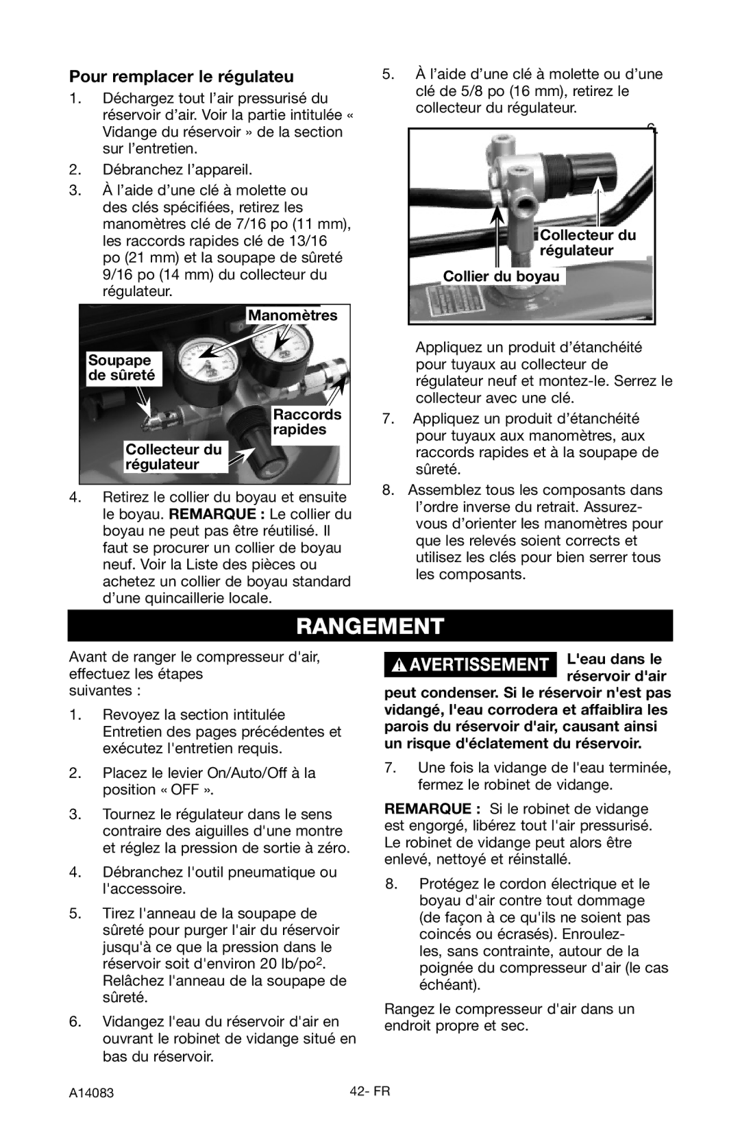 Craftsman 919.724123 owner manual Rangement, Pour remplacer le régulateu, Manomètres, Raccords rapides 