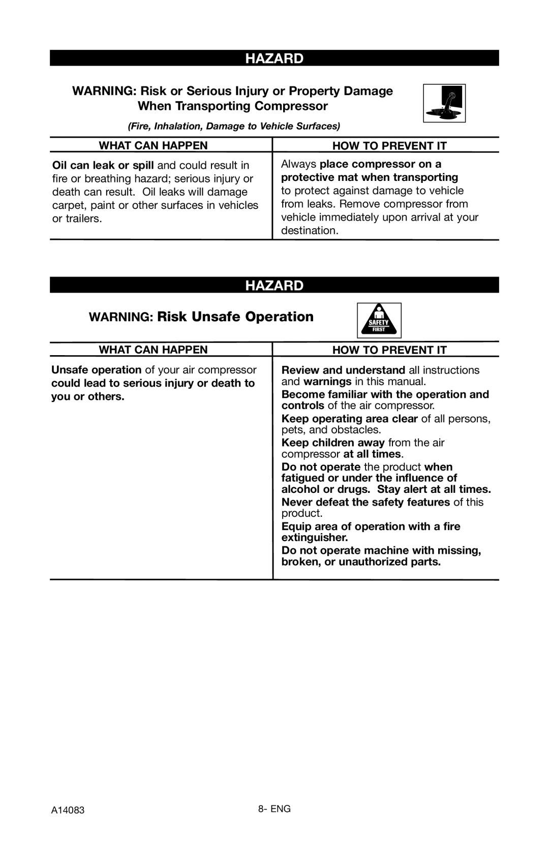 Craftsman 919.724123 owner manual When Transporting Compressor 