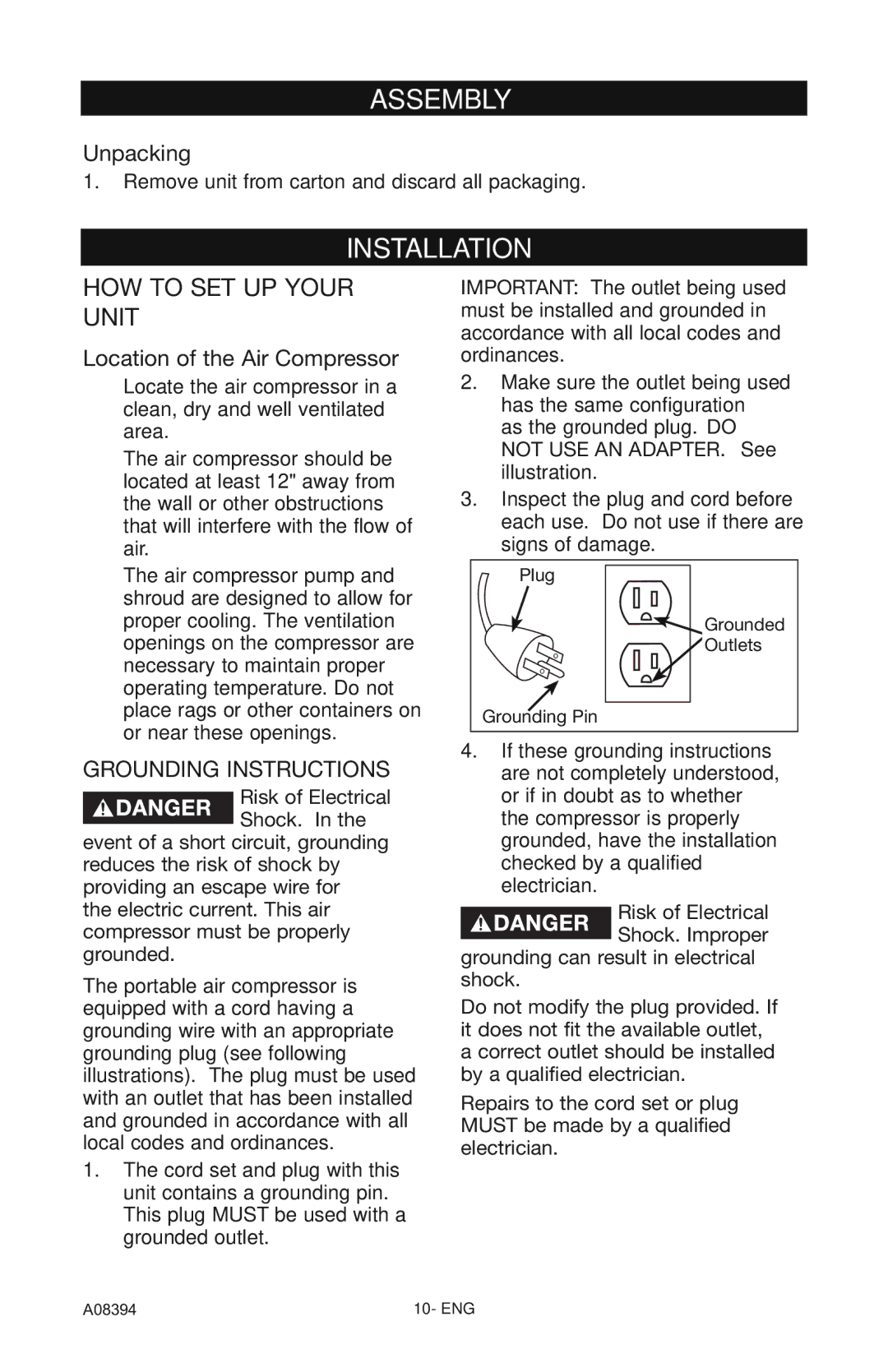 Craftsman 919.72413 Assembly, Installation, Unpacking, Location of the Air Compressor, Plug Grounded Outlets Grounding Pin 