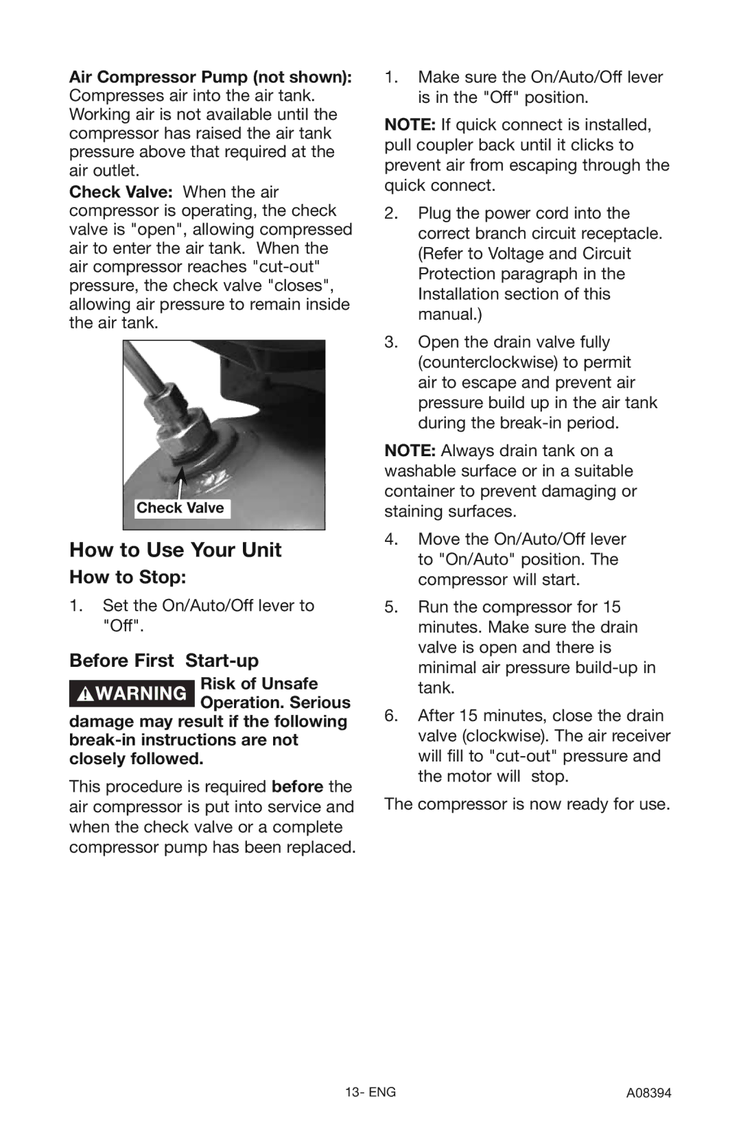 Craftsman 919.72413 owner manual How to Stop, Before First Start-up, Check Valve 