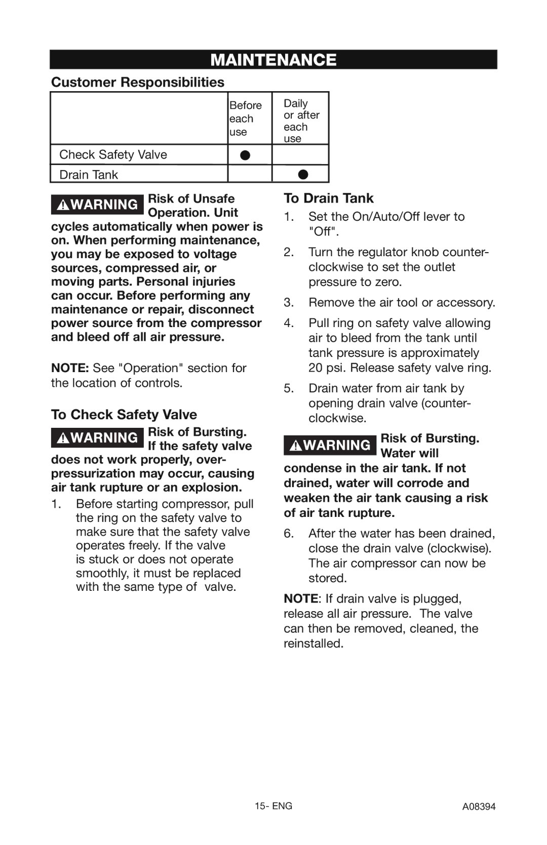 Craftsman 919.72413 owner manual Maintenance, Customer Responsibilities, To Check Safety Valve, To Drain Tank 