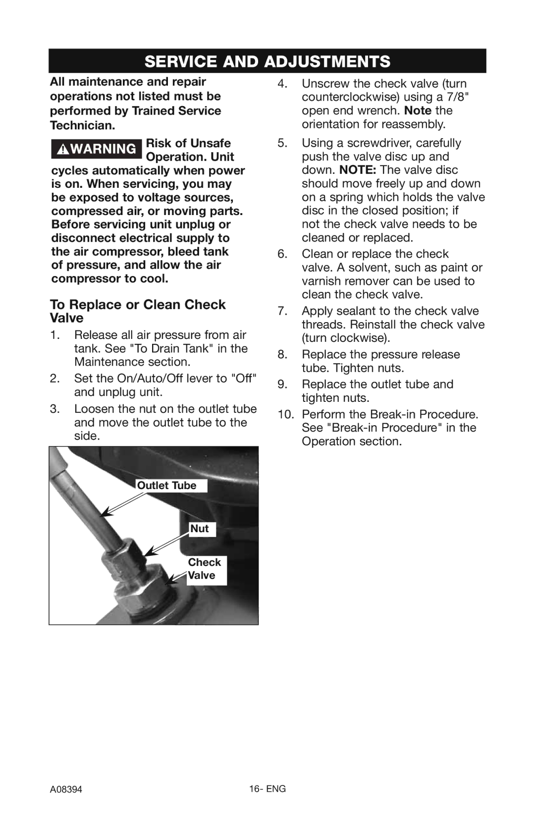 Craftsman 919.72413 owner manual Service and Adjustments, To Replace or Clean Check Valve, Outlet Tube Nut Check Valve 