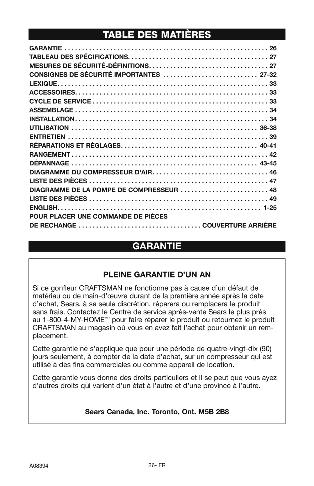 Craftsman 919.72413 owner manual Table DES Matières, Garantie 