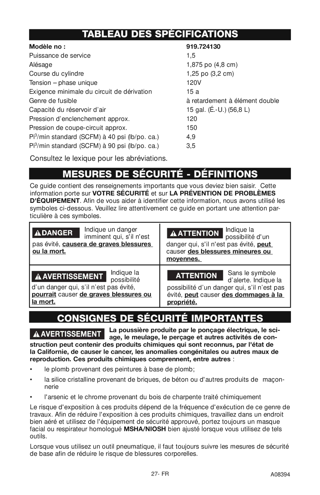 Craftsman 919.72413 Tableau DES Spécifications, Mesures DE Sécurité Définitions, Consignes DE Sécurité Importantes 