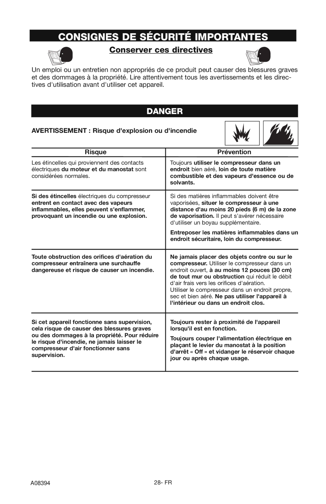 Craftsman 919.72413 owner manual Conserver ces directives, Avertissement Risque dexplosion ou dincendie Prévention 