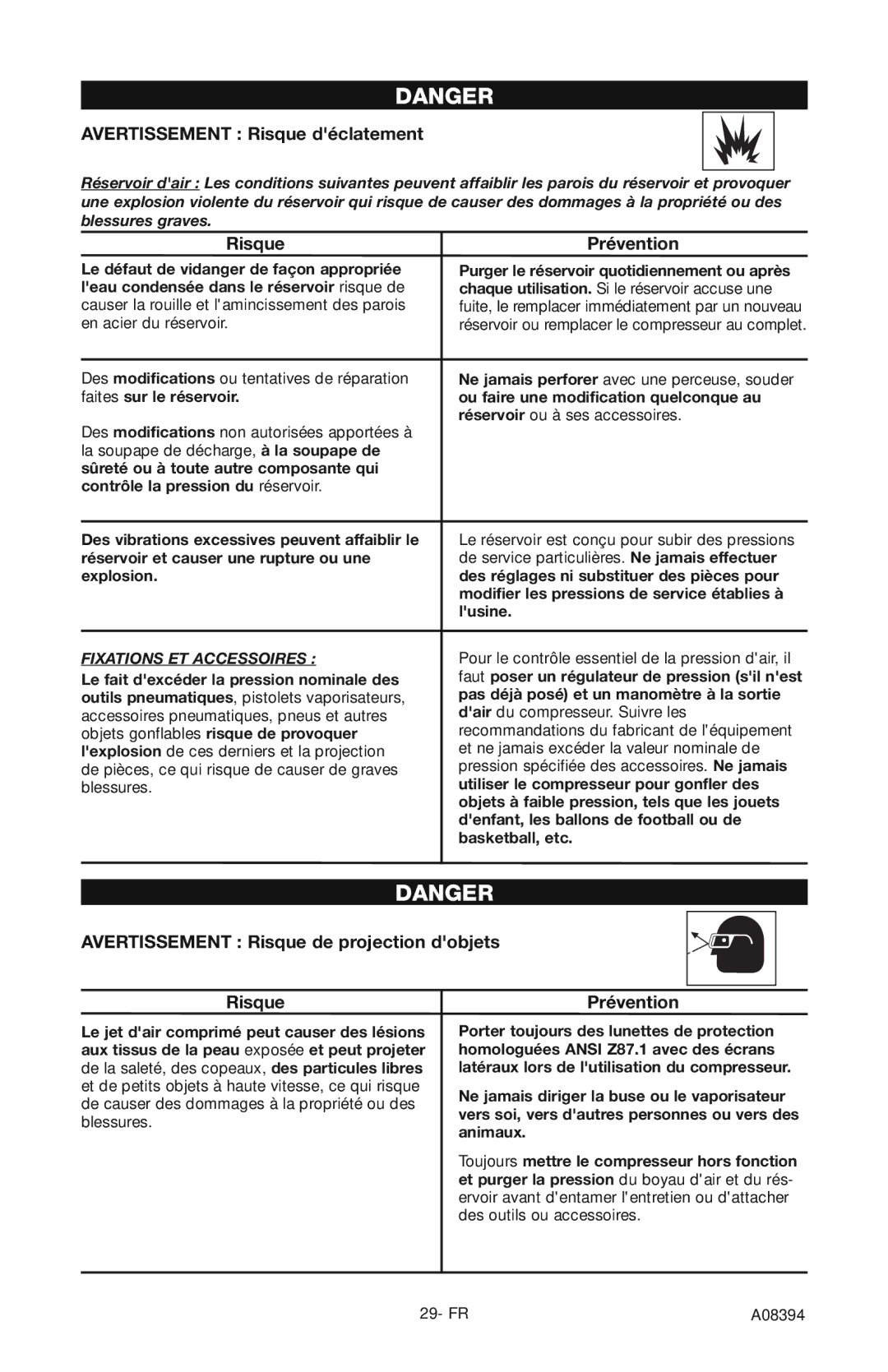 Craftsman 919.72413 Avertissement Risque déclatement, Risque Prévention, Avertissement Risque de projection dobjets 