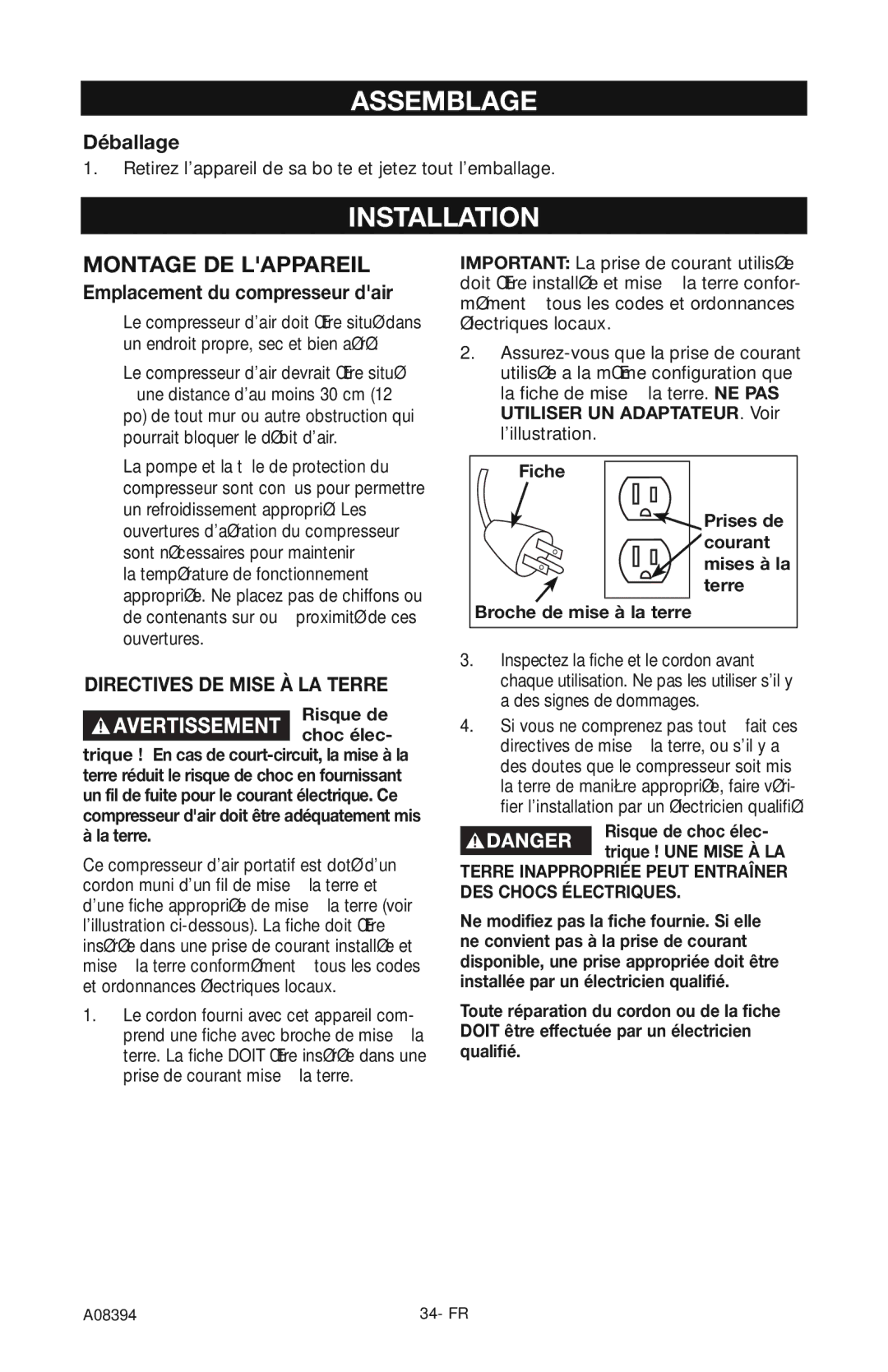 Craftsman 919.72413 owner manual Assemblage, Déballage, Emplacement du compresseur dair, Risque de choc élec 