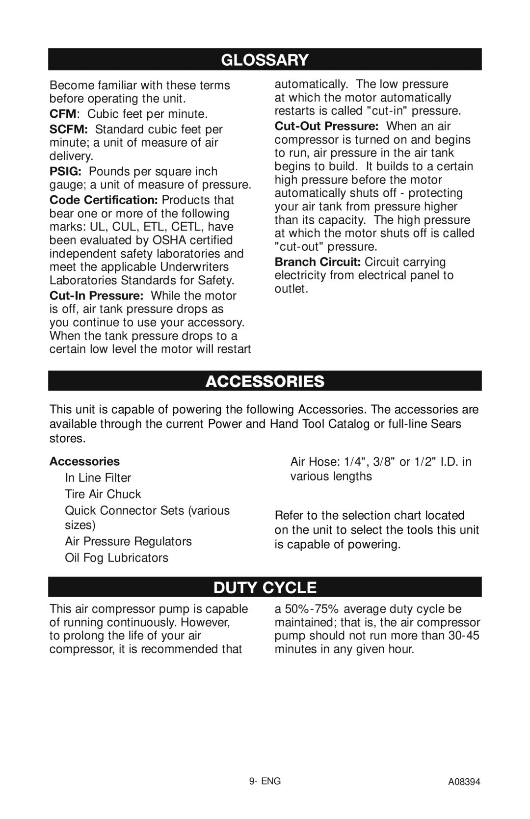 Craftsman 919.72413 owner manual Glossary, Accessories, Duty Cycle 