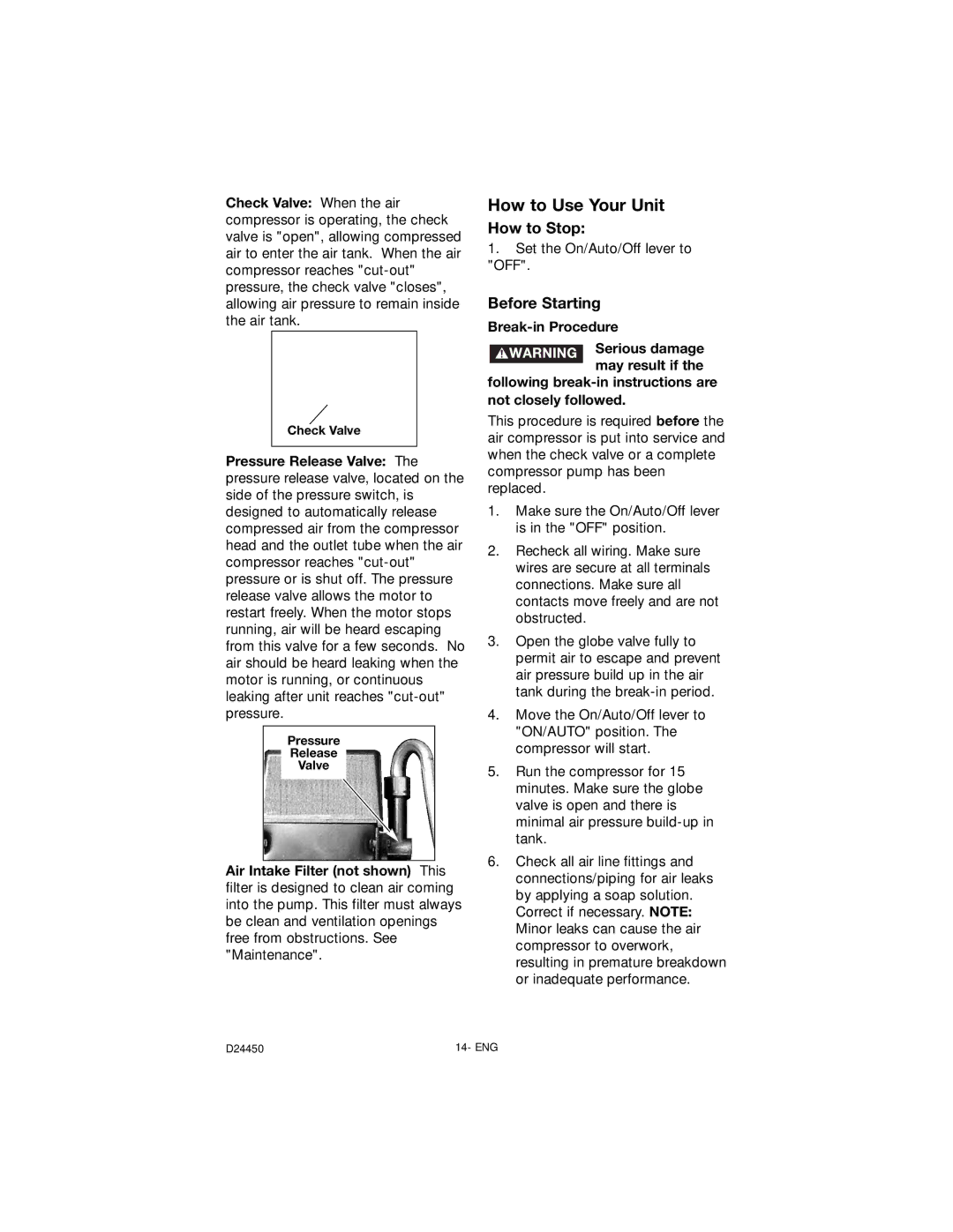 Craftsman 919.72427 owner manual How to Stop, Before Starting, Check Valve, Pressure Release Valve 