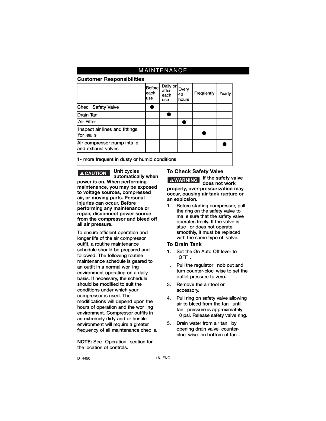 Craftsman 919.72427 owner manual Maintenance, Customer Responsibilities, To Check Safety Valve, To Drain Tank 