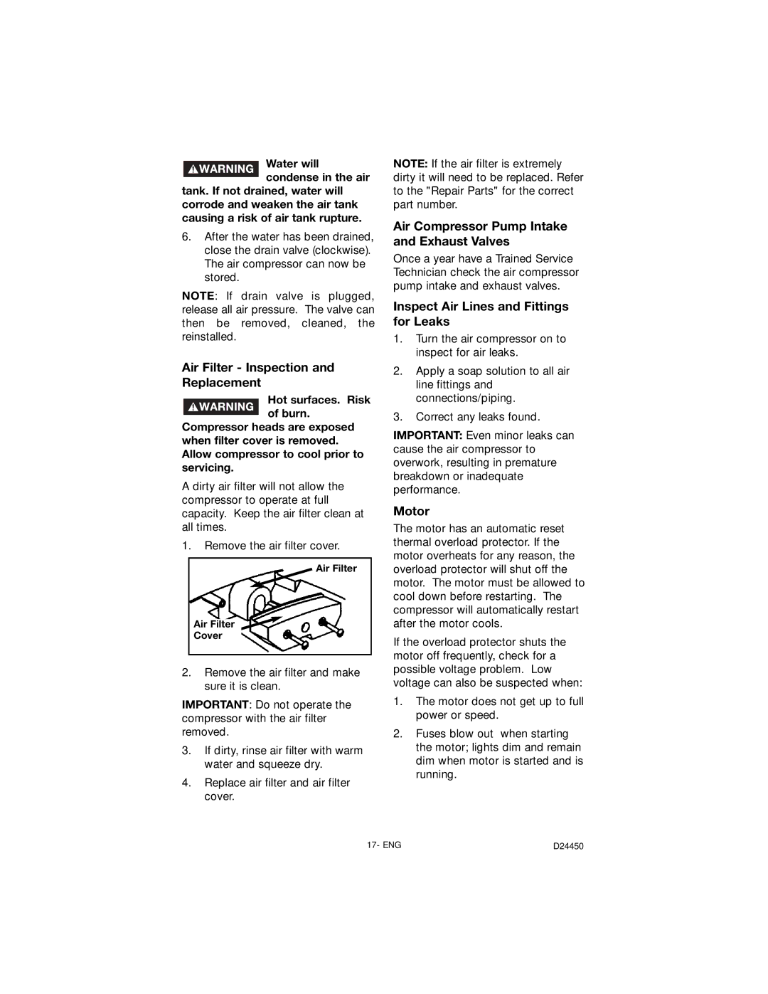 Craftsman 919.72427 Air Filter Inspection and Replacement, Air Compressor Pump Intake and Exhaust Valves, Motor 