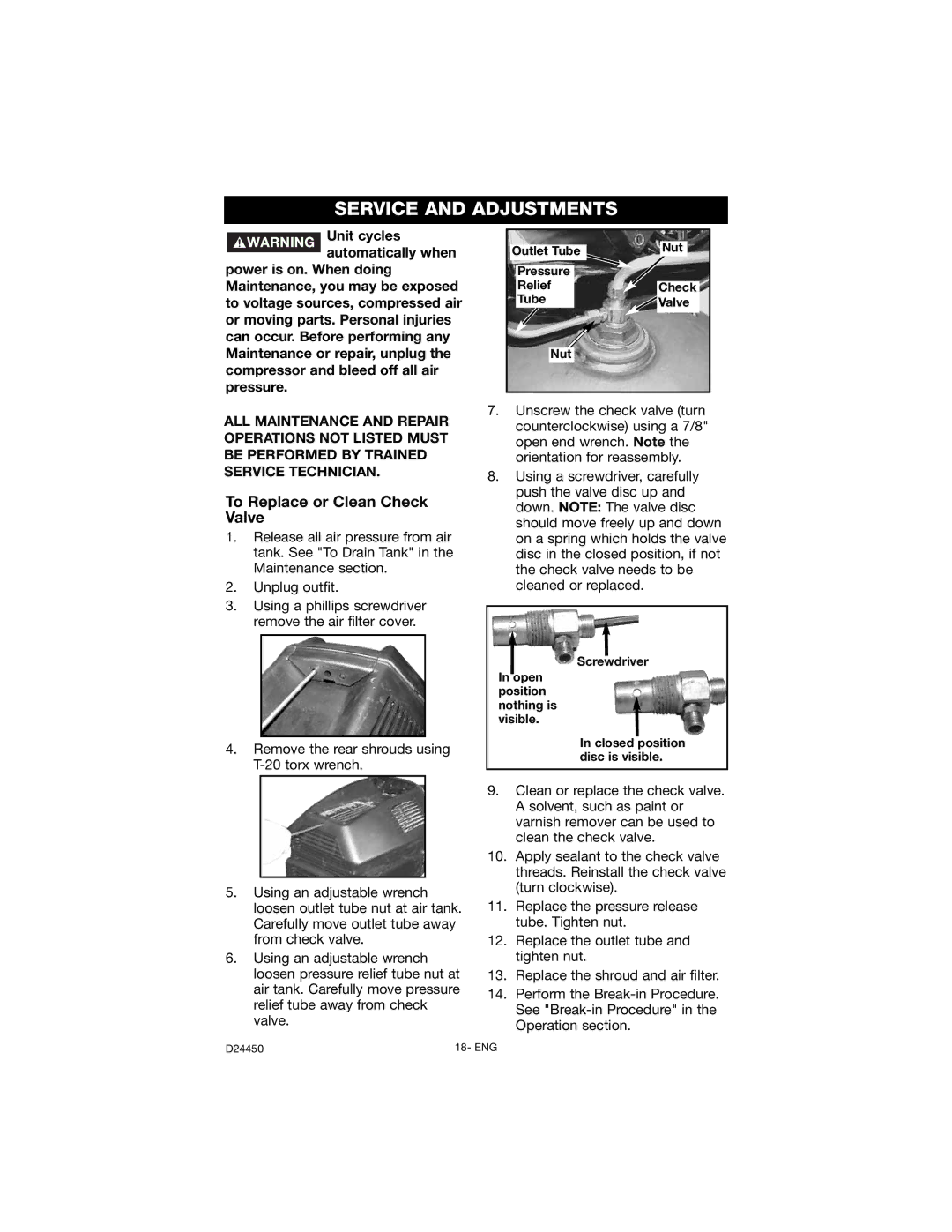 Craftsman 919.72427 Service and Adjustments, To Replace or Clean Check Valve, Nut Outlet Tube Pressure Relief Check Valve 