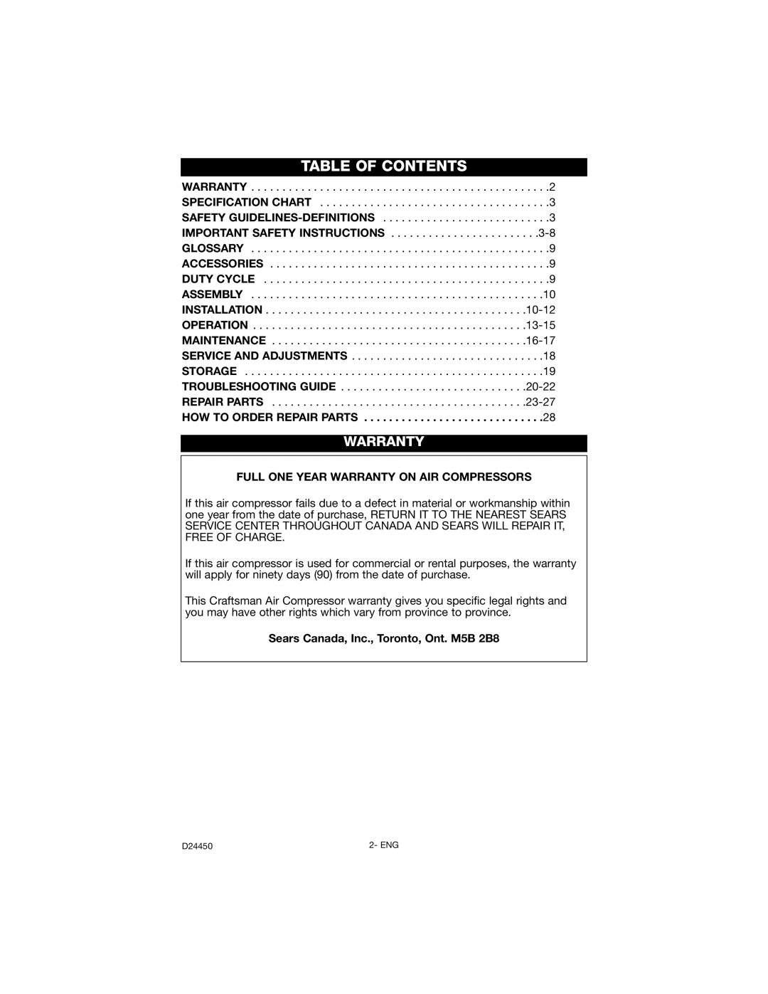 Craftsman 919.72427 owner manual Table of Contents 