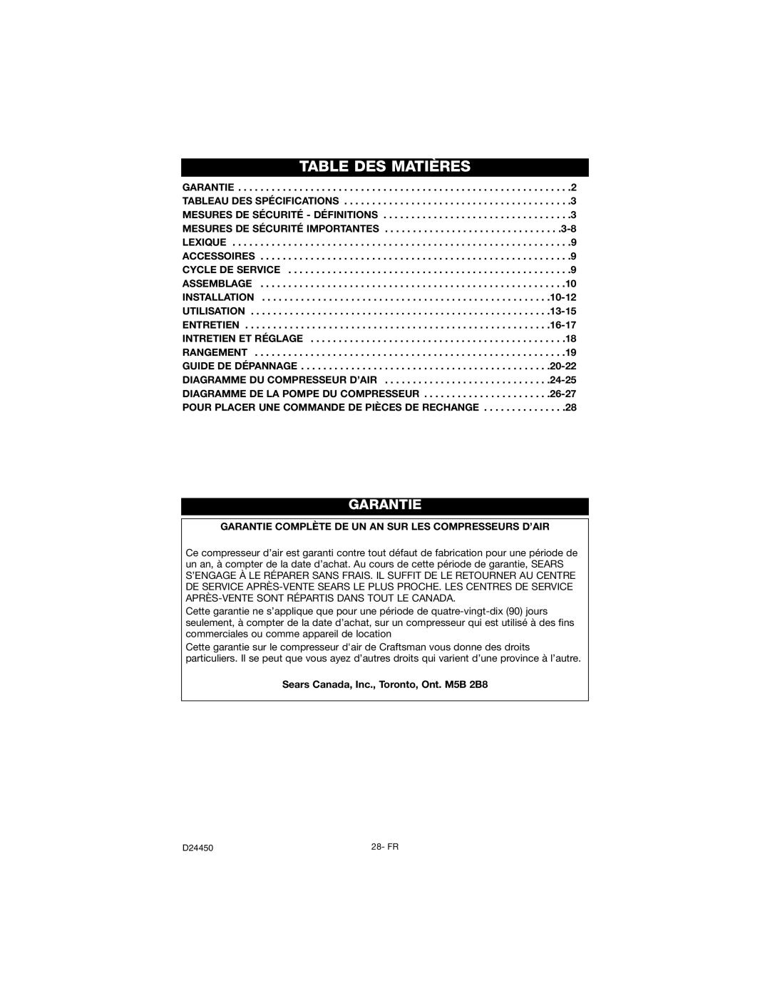 Craftsman 919.72427 owner manual Table DES Matières, Sears Canada, Inc., Toronto, Ont. M5B 2B8 