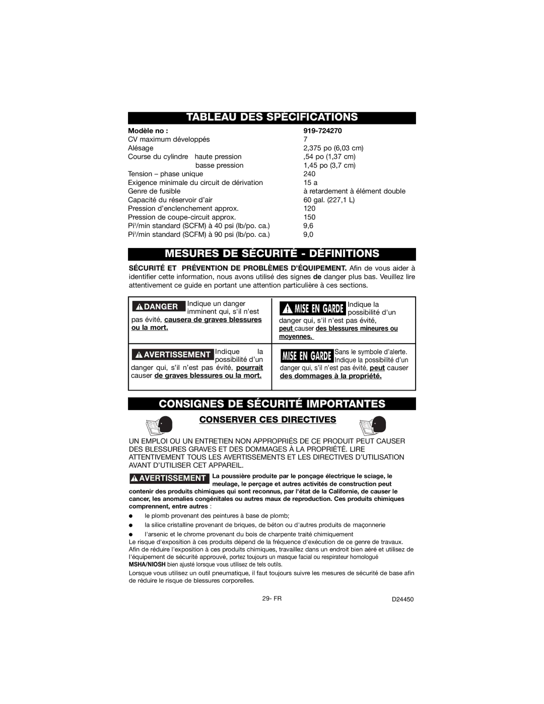 Craftsman 919.72427 Tableau DES Spécifications, Mesures DE Sécurité Définitions, Consignes DE Sécurité Importantes 