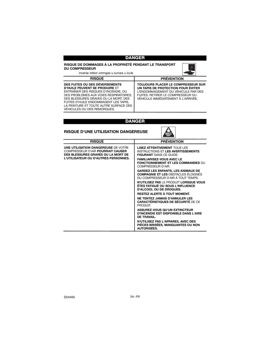 Craftsman 919.72427 owner manual Risque Dune Utilisation Dangereuse 