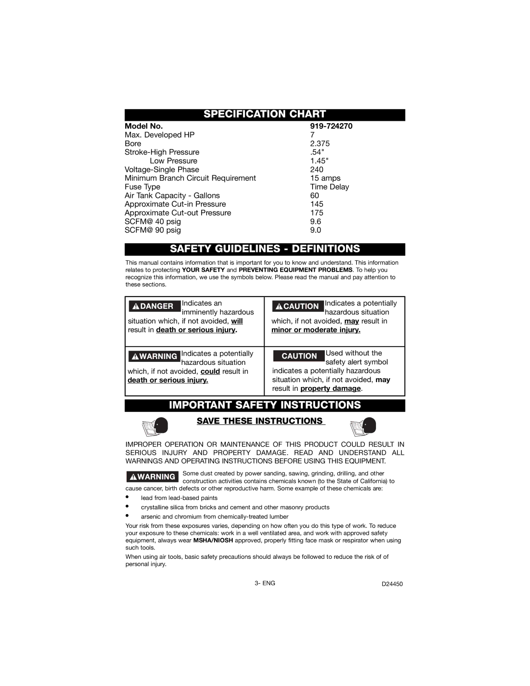 Craftsman 919.72427 Specification Chart, Safety Guidelines Definitions, Important Safety Instructions, Model No 919-724270 