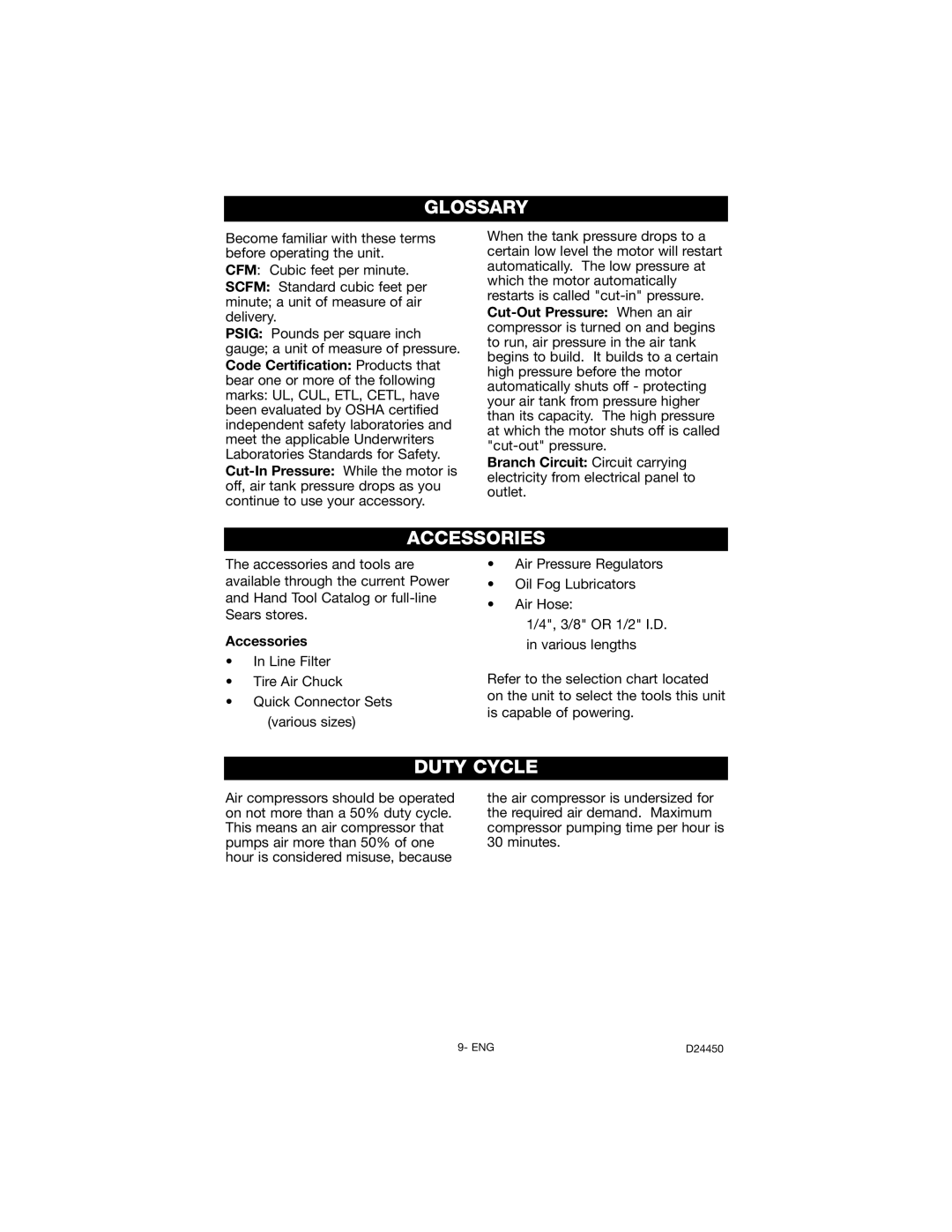 Craftsman 919.72427 owner manual Glossary, Accessories, Duty Cycle 