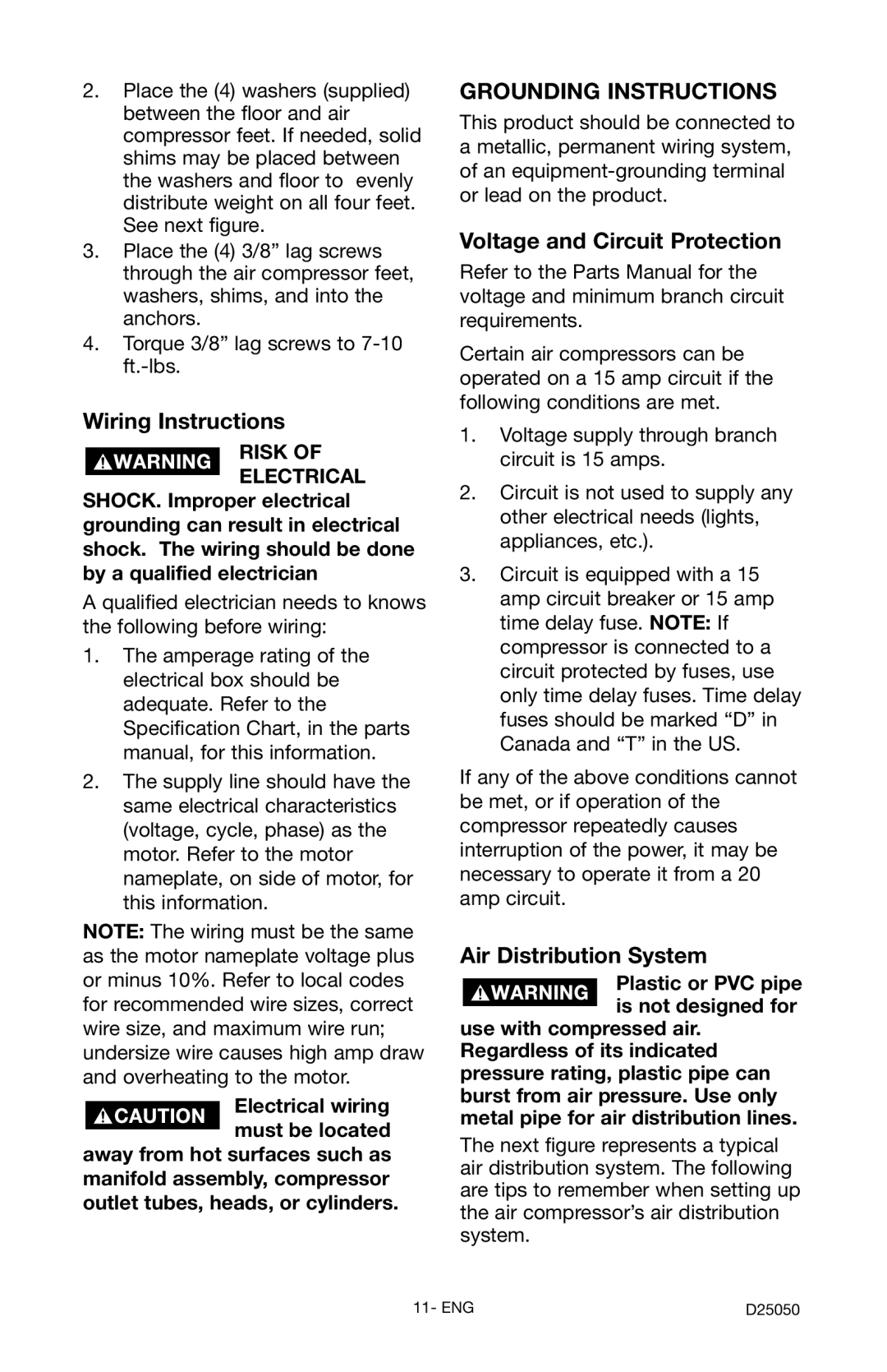 Craftsman 919.724271 Wiring Instructions, Voltage and Circuit Protection, Air Distribution System, Risk of Electrical 