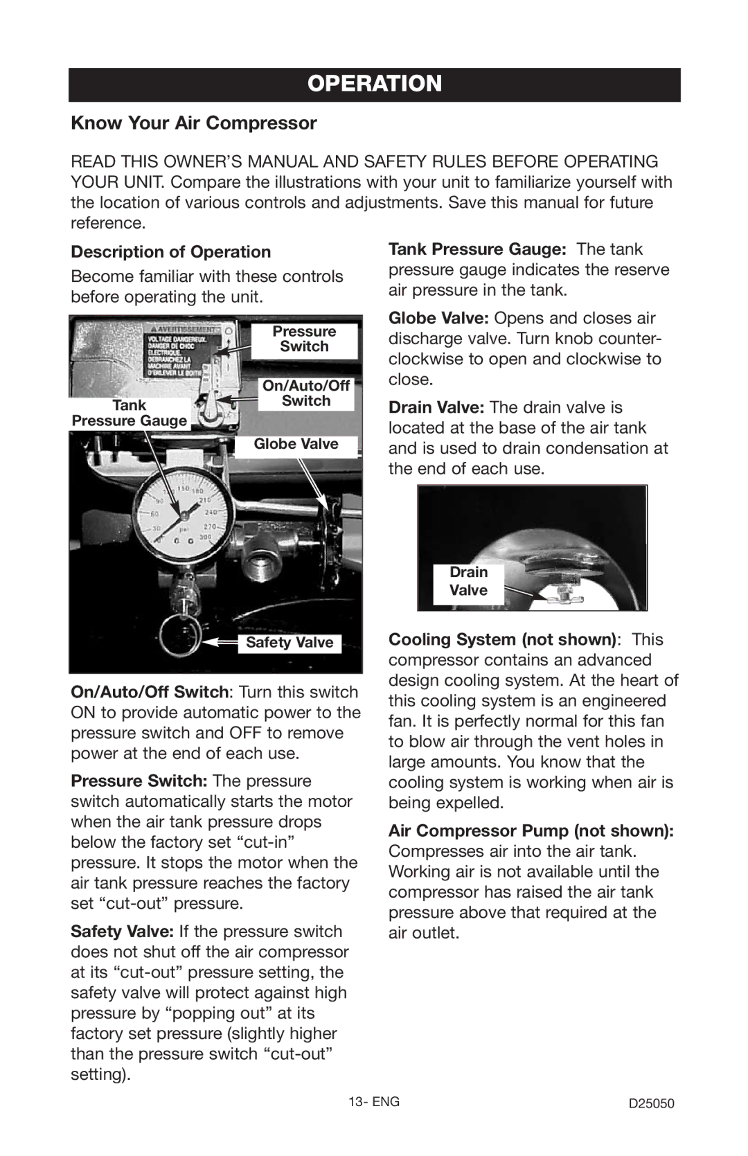 Craftsman 919.724271 owner manual Know Your Air Compressor, Description of Operation, Drain Valve 