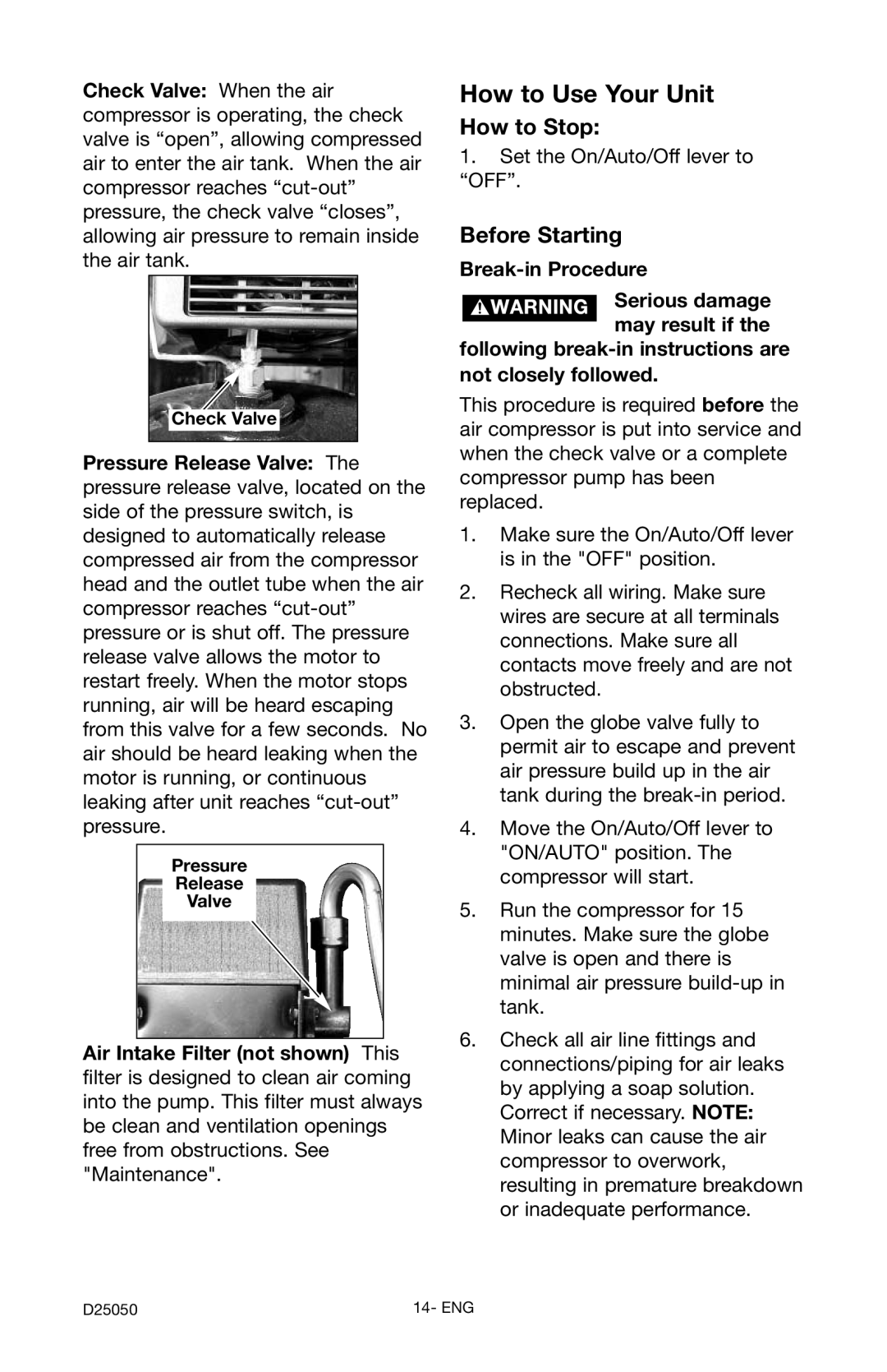 Craftsman 919.724271 owner manual How to Stop, Before Starting, Check Valve, Pressure Release Valve 