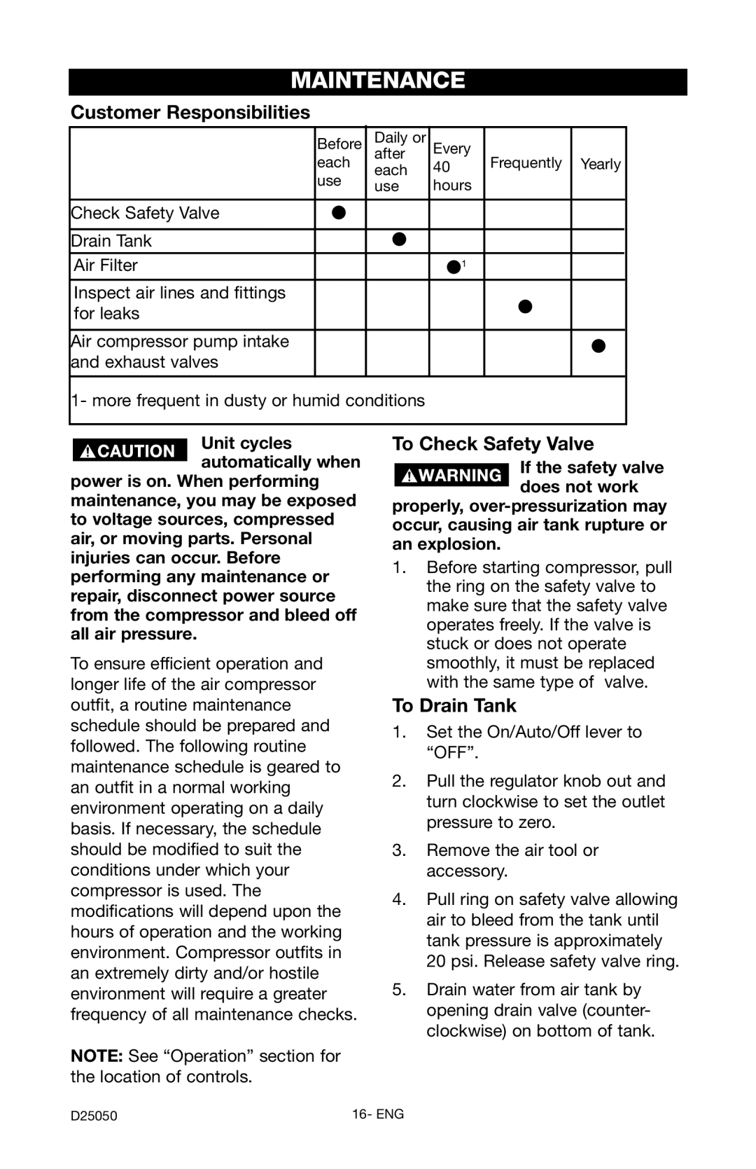 Craftsman 919.724271 owner manual Maintenance, Customer Responsibilities, To Check Safety Valve, To Drain Tank 