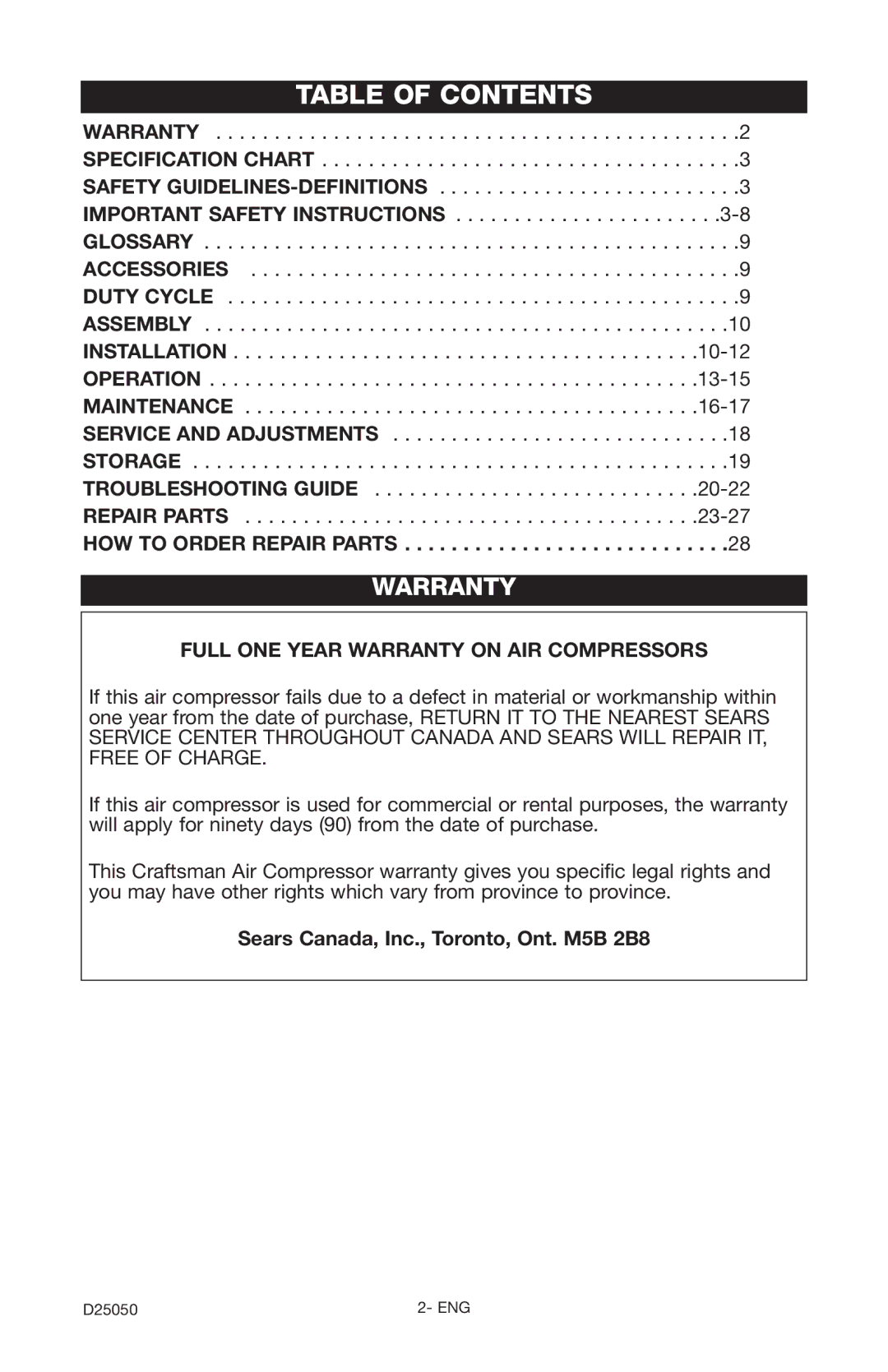 Craftsman 919.724271 owner manual Table of Contents 