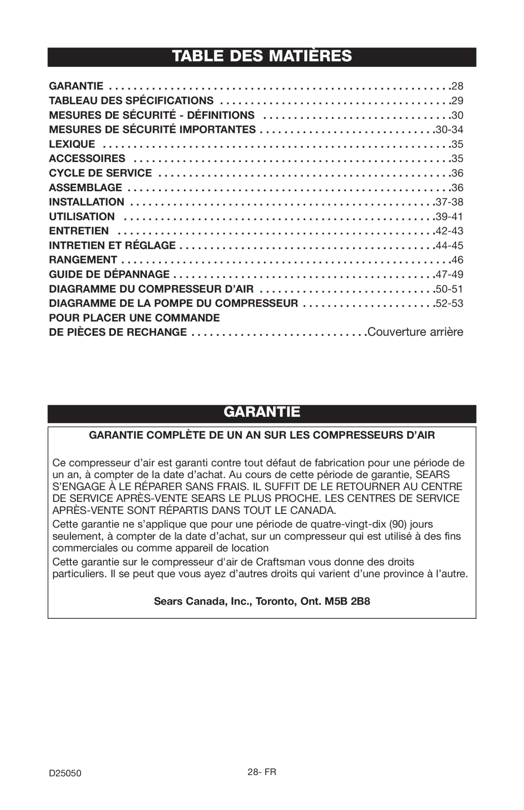 Craftsman 919.724271 owner manual Table DES Matières, Sears Canada, Inc., Toronto, Ont. M5B 2B8 