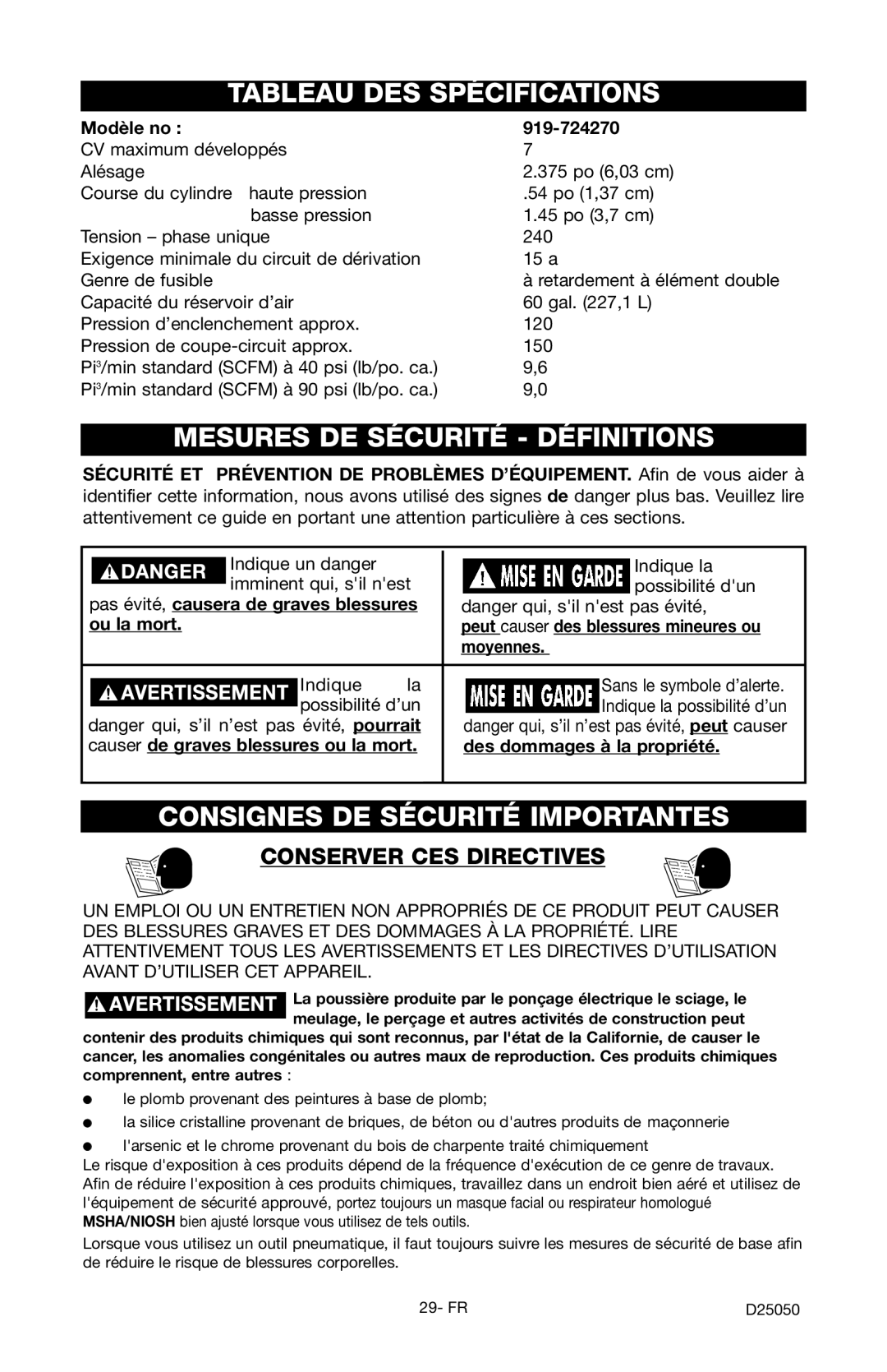 Craftsman 919.724271 Tableau DES Spécifications, Mesures DE Sécurité Définitions, Consignes DE Sécurité Importantes 