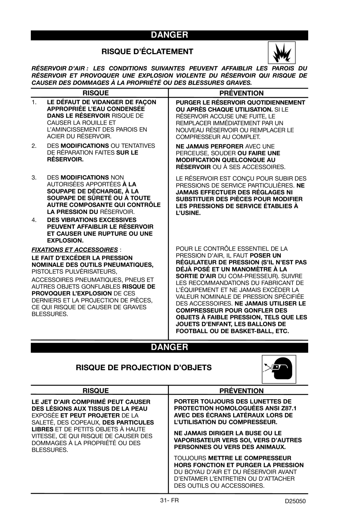 Craftsman 919.724271 owner manual Risque D’ÉCLATEMENT, Risque DE Projection D’OBJETS 