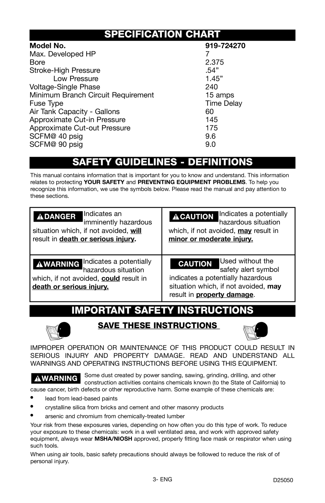 Craftsman 919.724271 owner manual Specification Chart, Safety Guidelines Definitions, Important Safety Instructions 