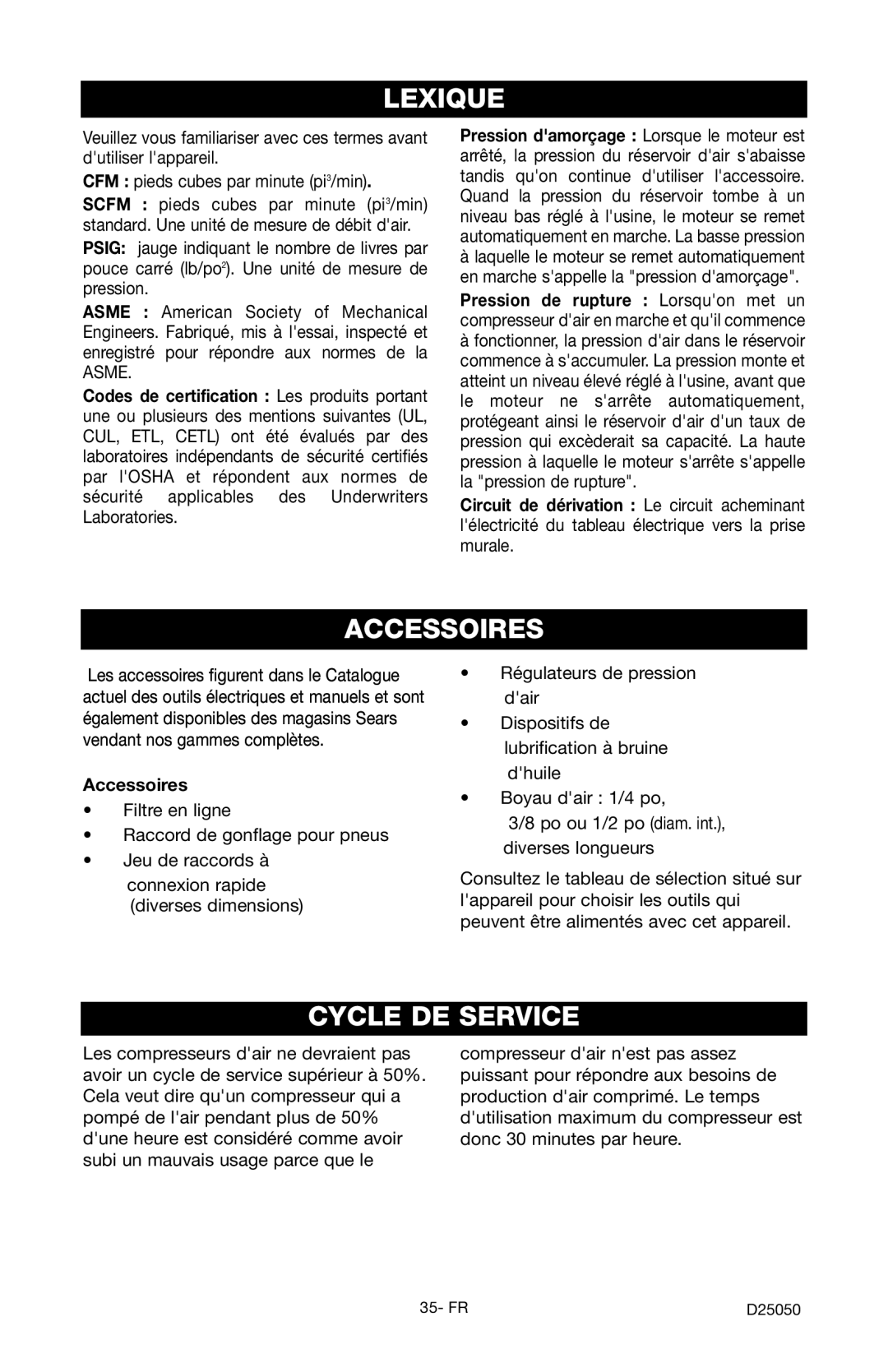 Craftsman 919.724271 owner manual Lexique, Accessoires, Cycle DE Service 