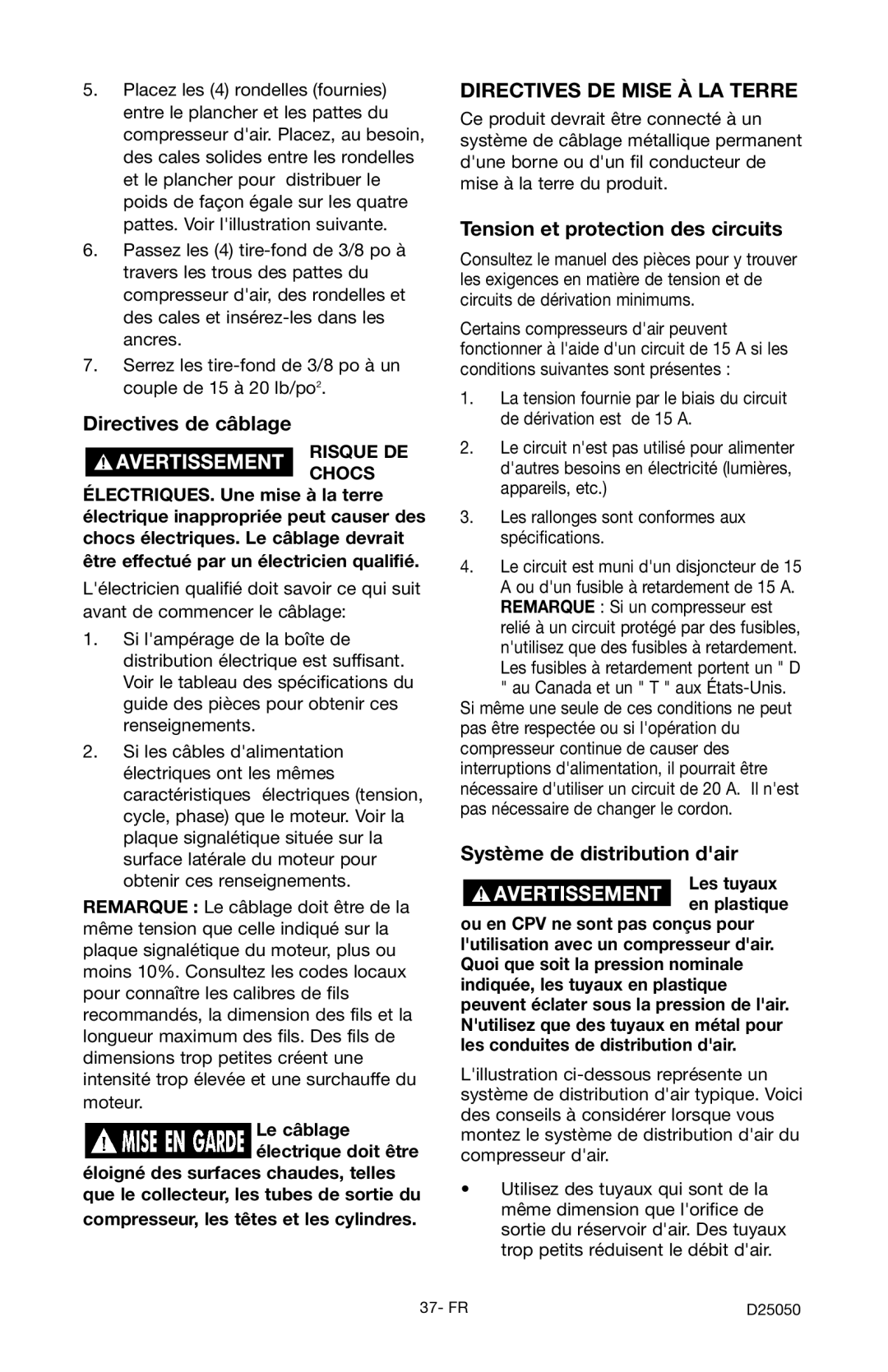 Craftsman 919.724271 owner manual Directives de câblage, Directives DE Mise À LA Terre, Tension et protection des circuits 