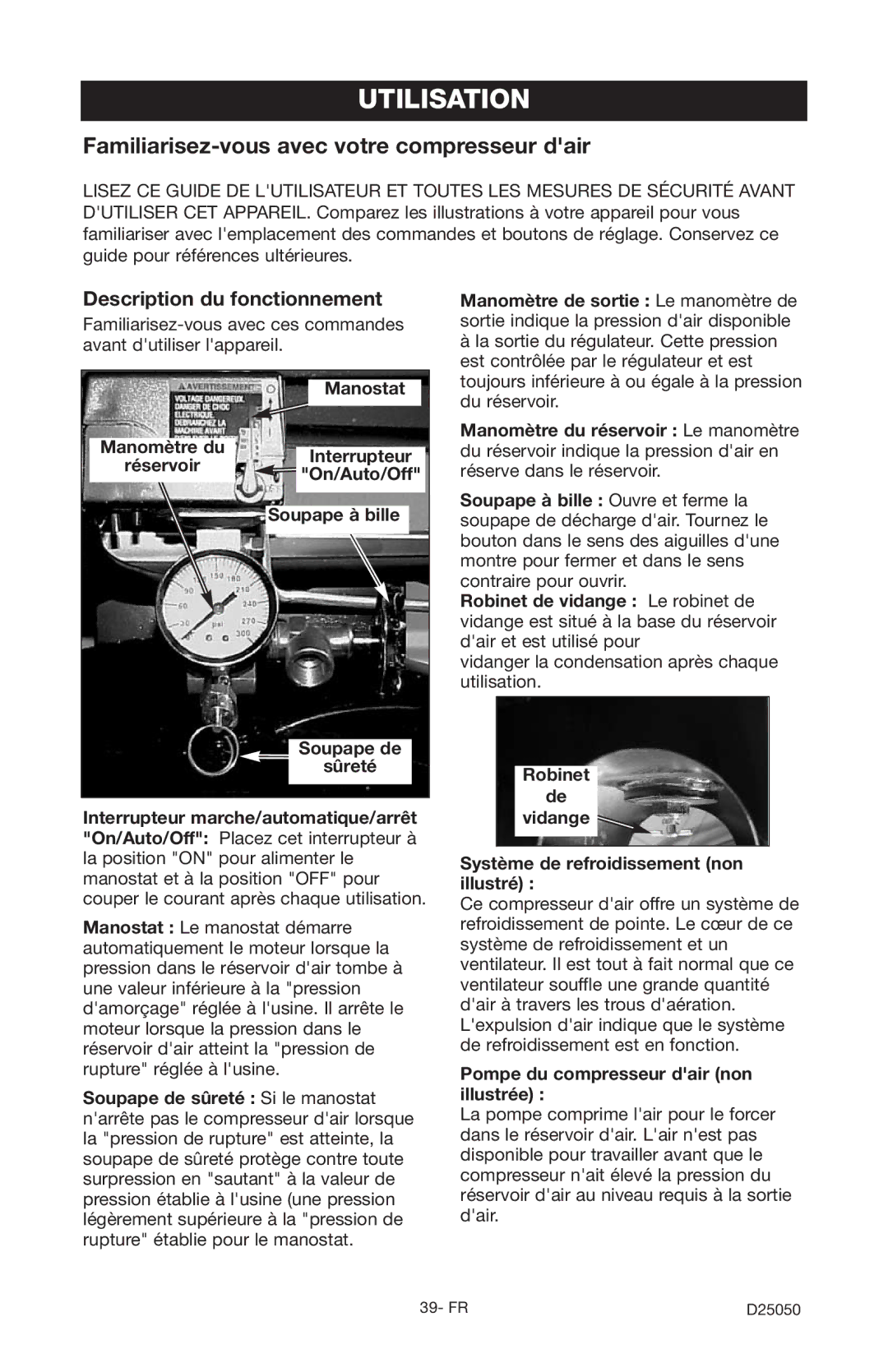 Craftsman 919.724271 owner manual Utilisation, Familiarisez-vous avec votre compresseur dair, Description du fonctionnement 