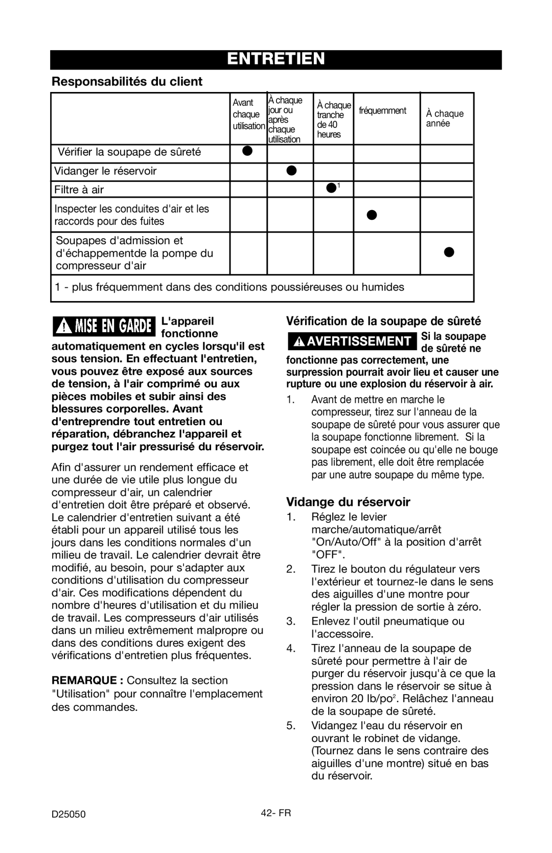 Craftsman 919.724271 Entretien, Responsabilités du client, Vérification de la soupape de sûreté, Vidange du réservoir 