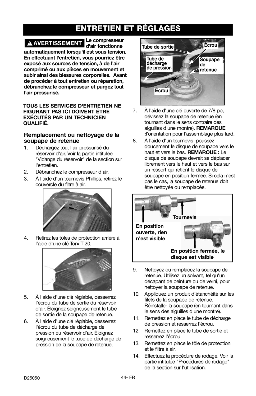 Craftsman 919.724271 owner manual Entretien ET Réglages, Remplacement ou nettoyage de la soupape de retenue 