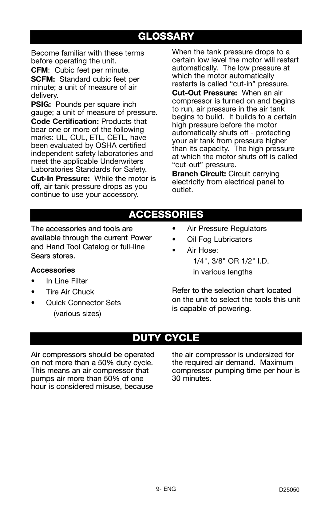 Craftsman 919.724271 owner manual Glossary, Accessories, Duty Cycle 