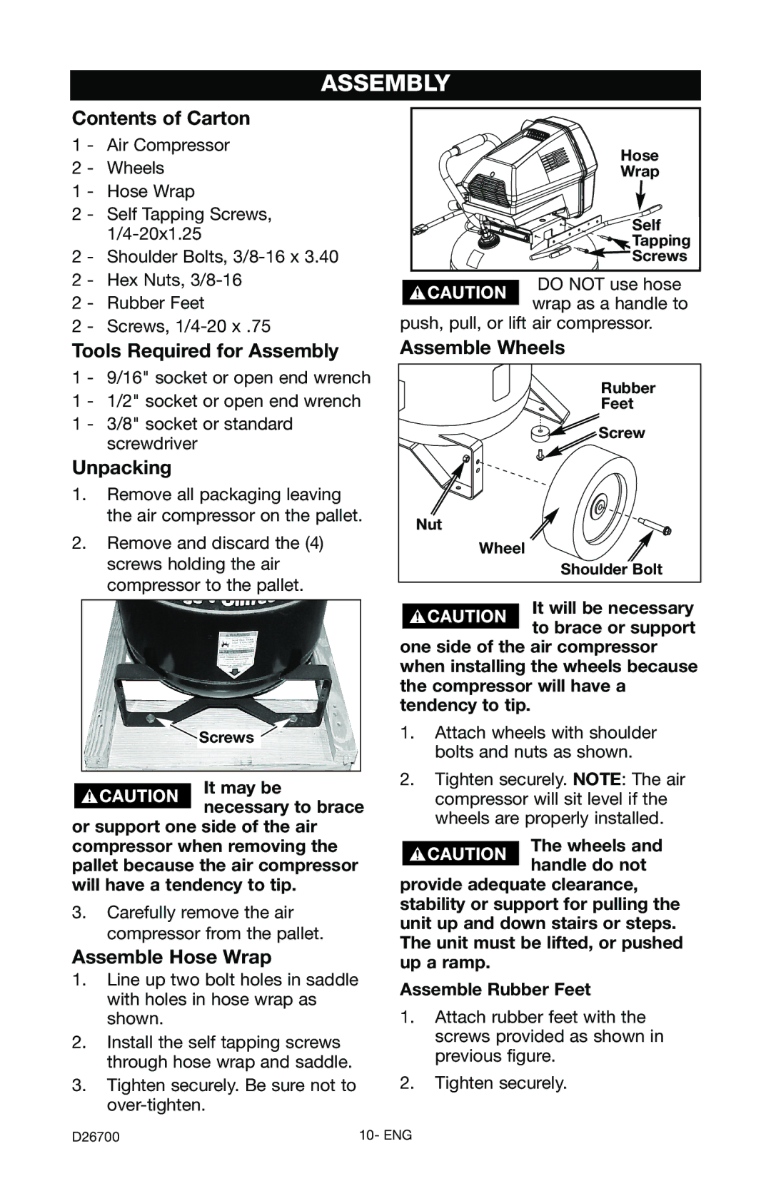 Craftsman 919.7243 Contents of Carton, Tools Required for Assembly Assemble Wheels, Unpacking, Assemble Hose Wrap 