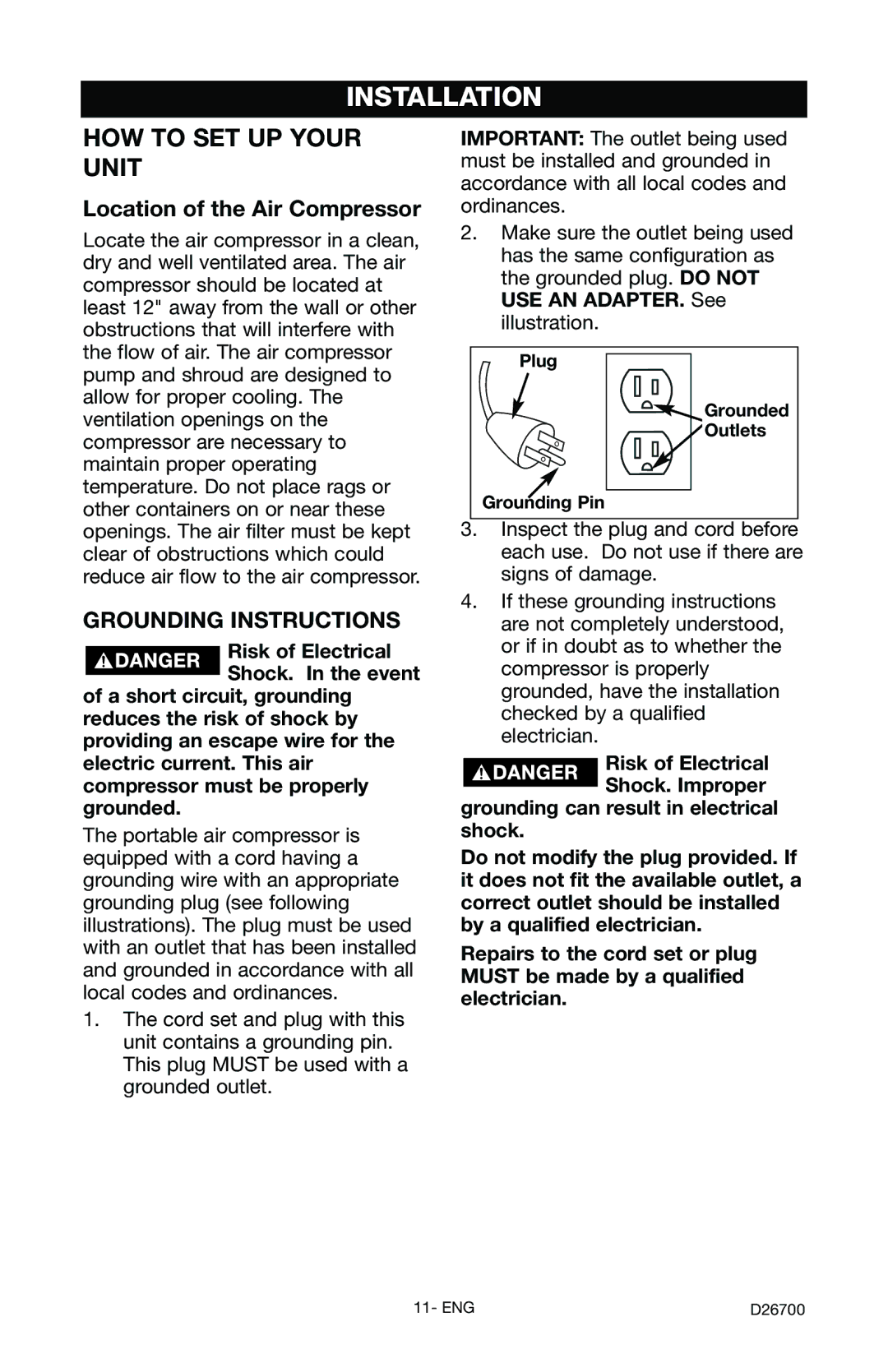 Craftsman 919.7243 owner manual Installation, Location of the Air Compressor, Plug Grounded Outlets Grounding Pin 