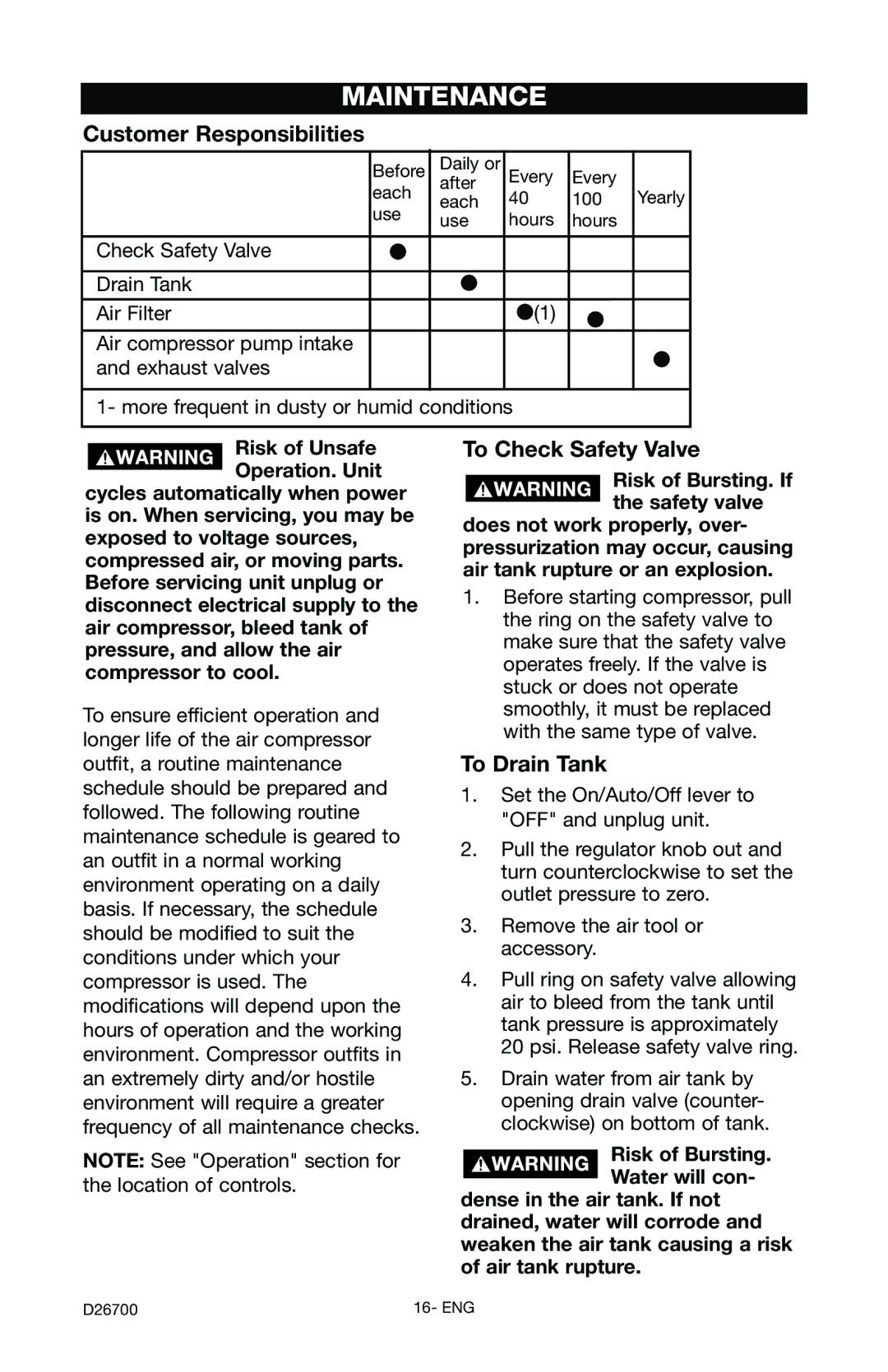 Craftsman 919.7243 owner manual Maintenance, Customer Responsibilities, To Check Safety Valve, To Drain Tank 