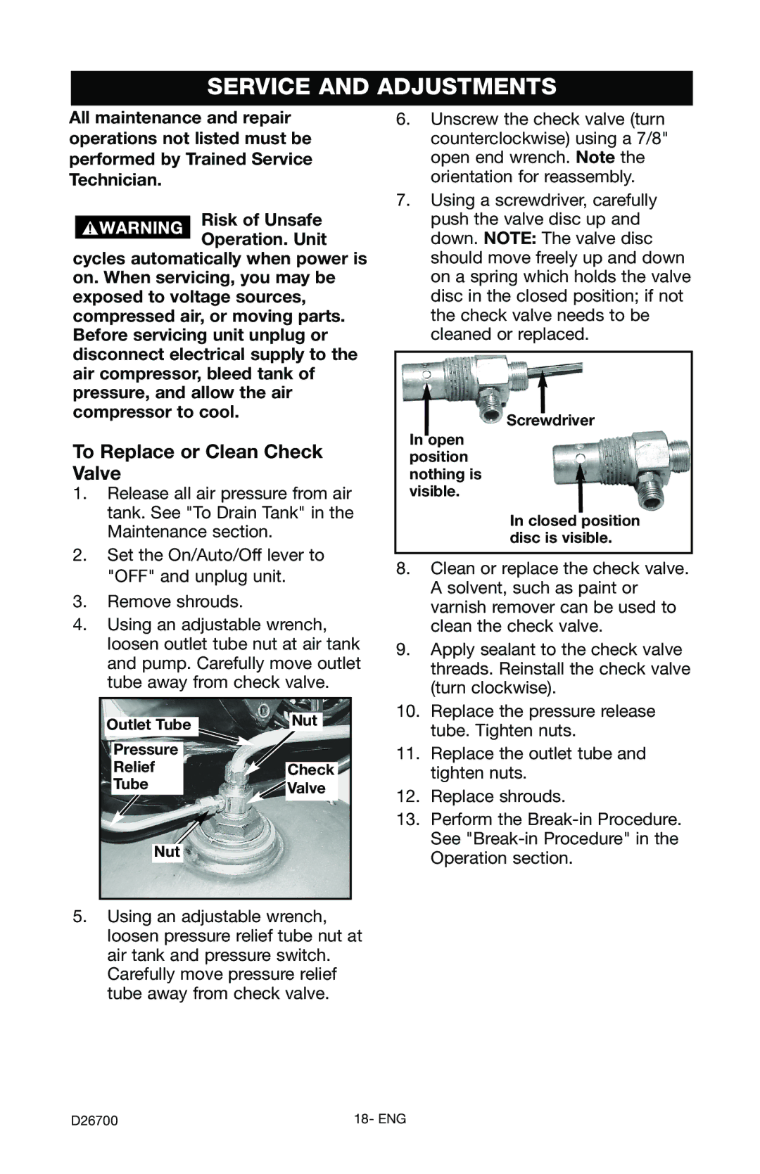 Craftsman 919.7243 Service and Adjustments, To Replace or Clean Check Valve, Nut Outlet Tube Pressure Relief Check Valve 