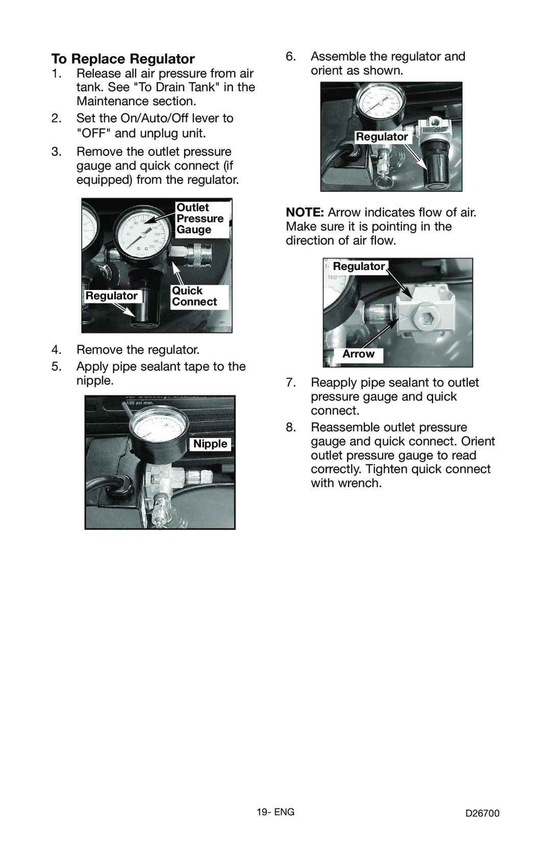 Craftsman 919.7243 To Replace Regulator, Outlet Pressure Gauge Regulator Quick Connect, Nipple, Regulator Arrow 