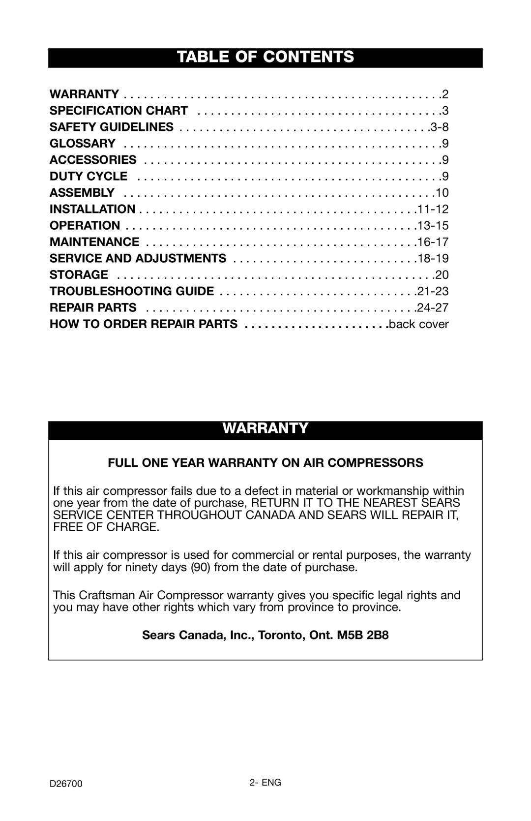 Craftsman 919.7243 owner manual Table of Contents 