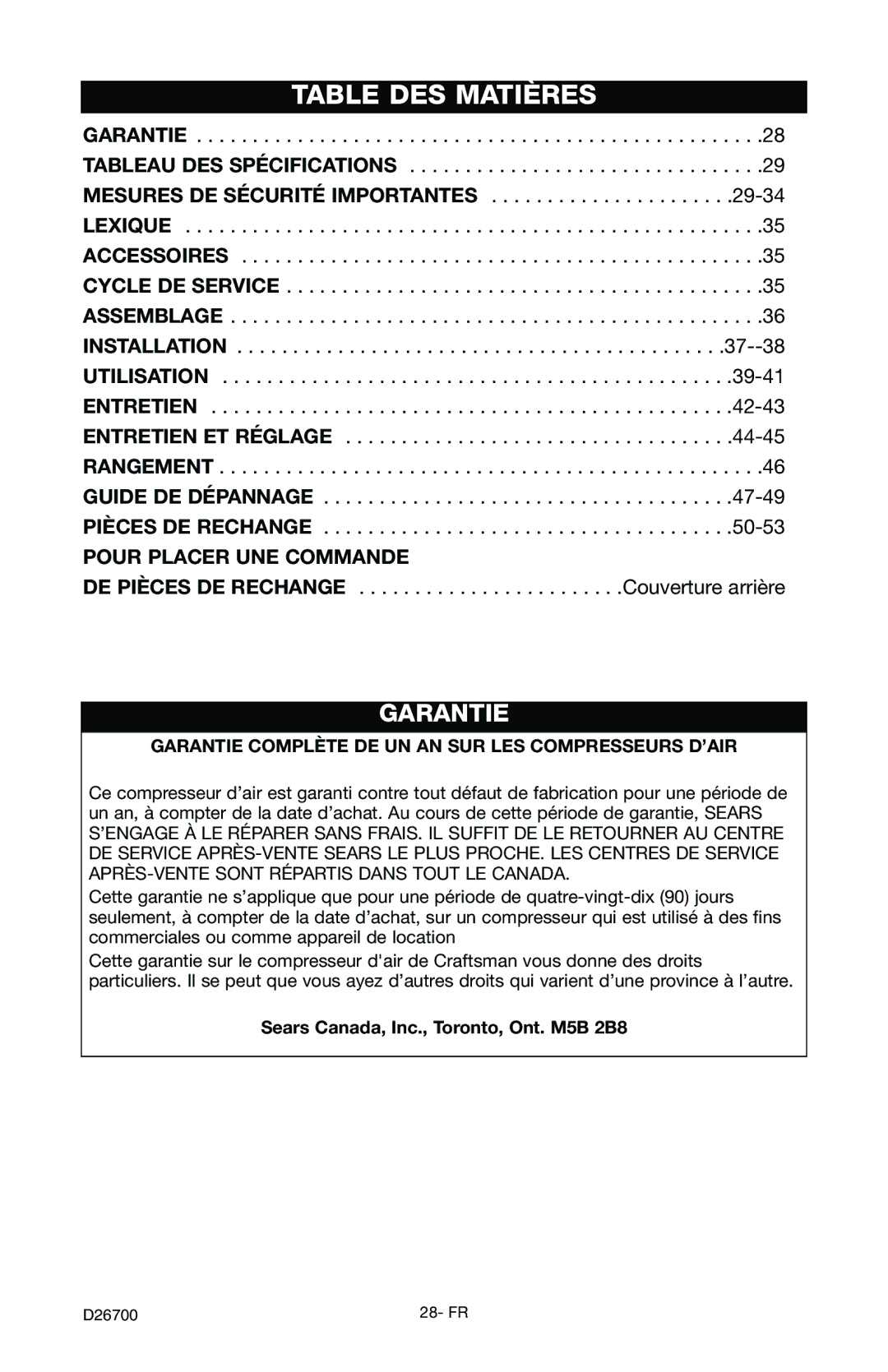 Craftsman 919.7243 owner manual Table DES Matières, Sears Canada, Inc., Toronto, Ont. M5B 2B8 