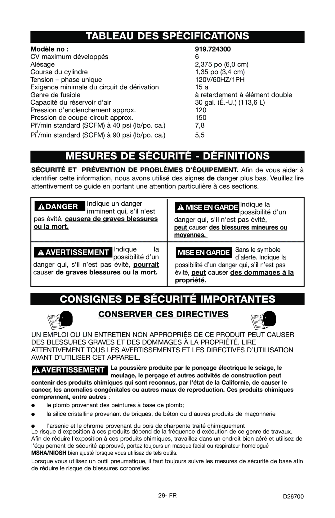 Craftsman 919.7243 Tableau DES Spécifications, Mesures DE Sécurité Définitions, Consignes DE Sécurité Importantes 