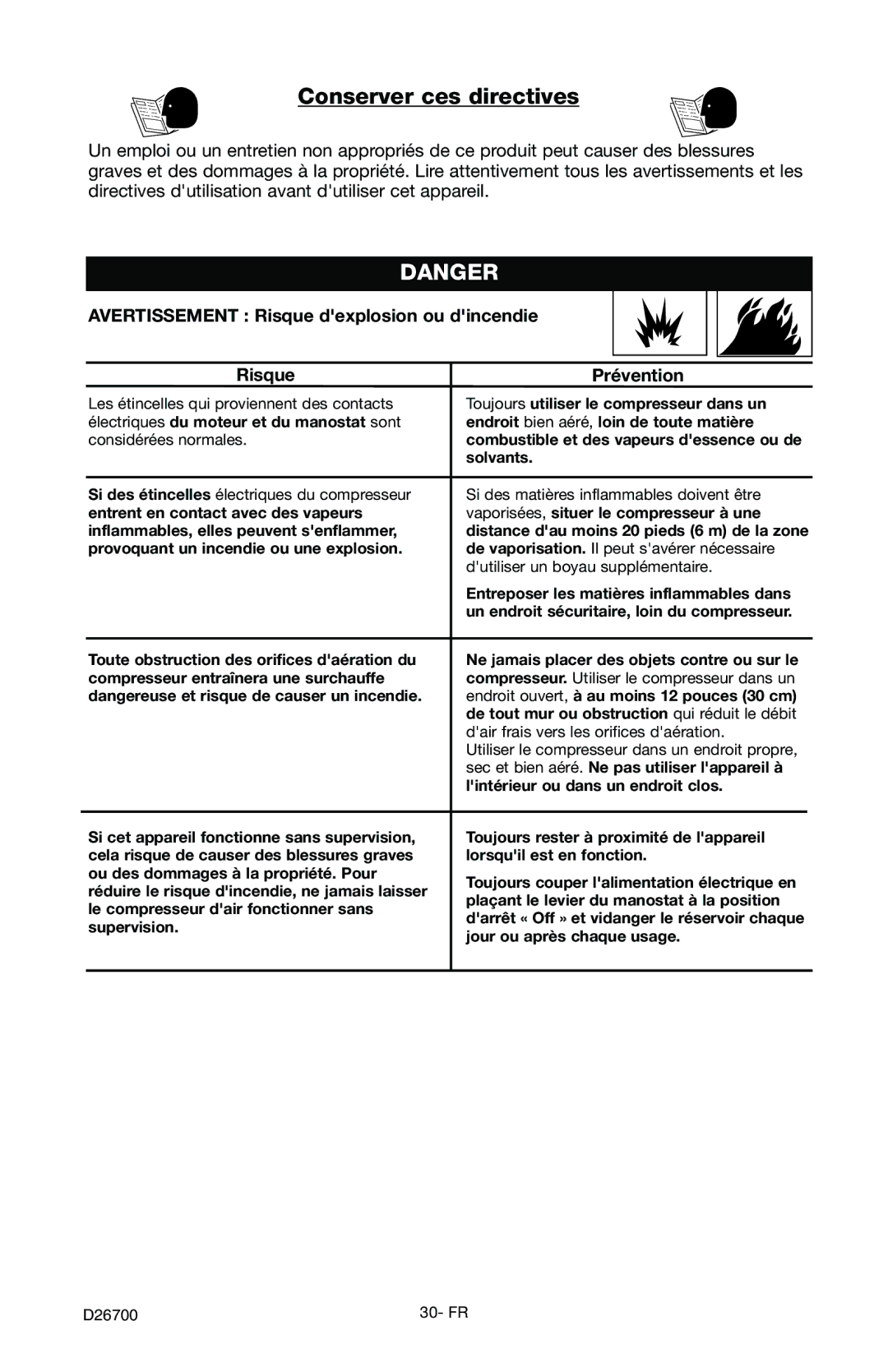 Craftsman 919.7243 owner manual Conserver ces directives, Avertissement Risque dexplosion ou dincendie Prévention 